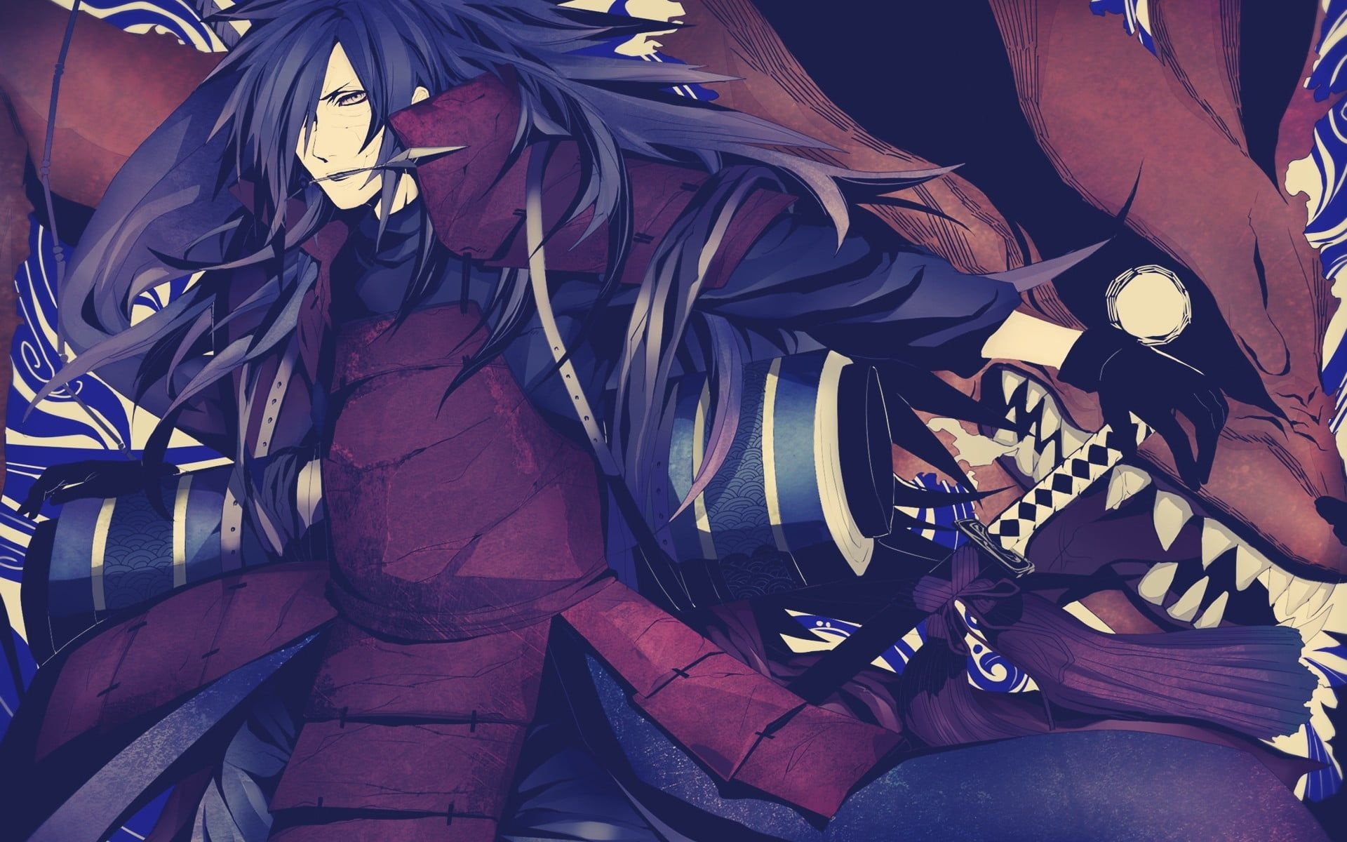 Madara Uchiha, Kurama Nine-Tails, crimson samurai armor, HD Desktop wallpaper
