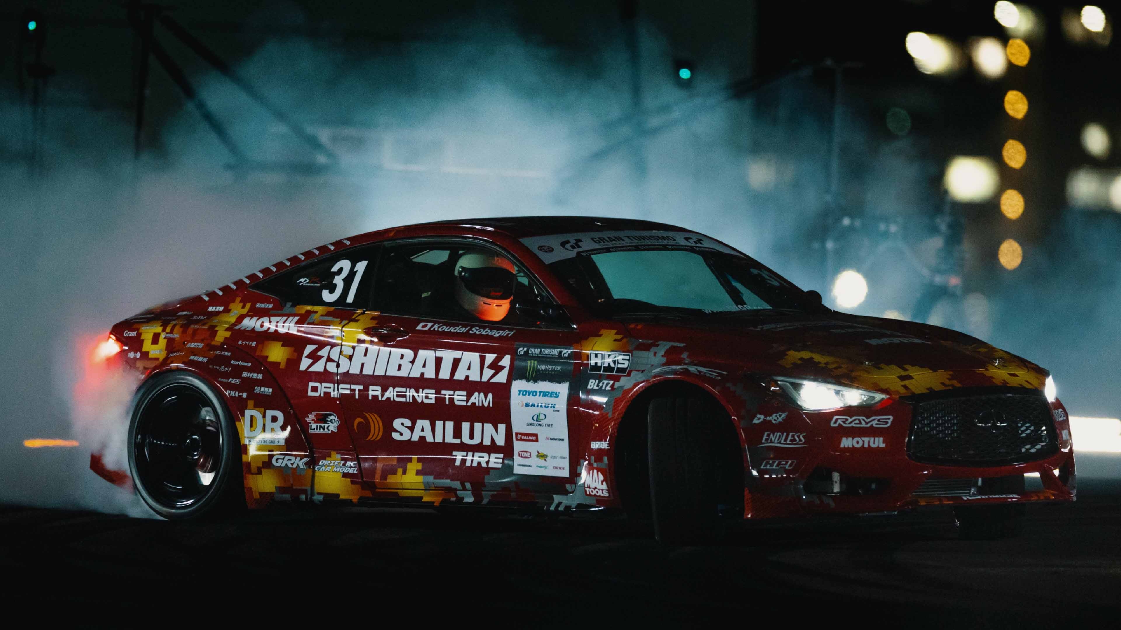 Shibata Racing Infiniti Q60, Shibata Drift Racing Team, night drift tire smoke, 4K Desktop wallpaper