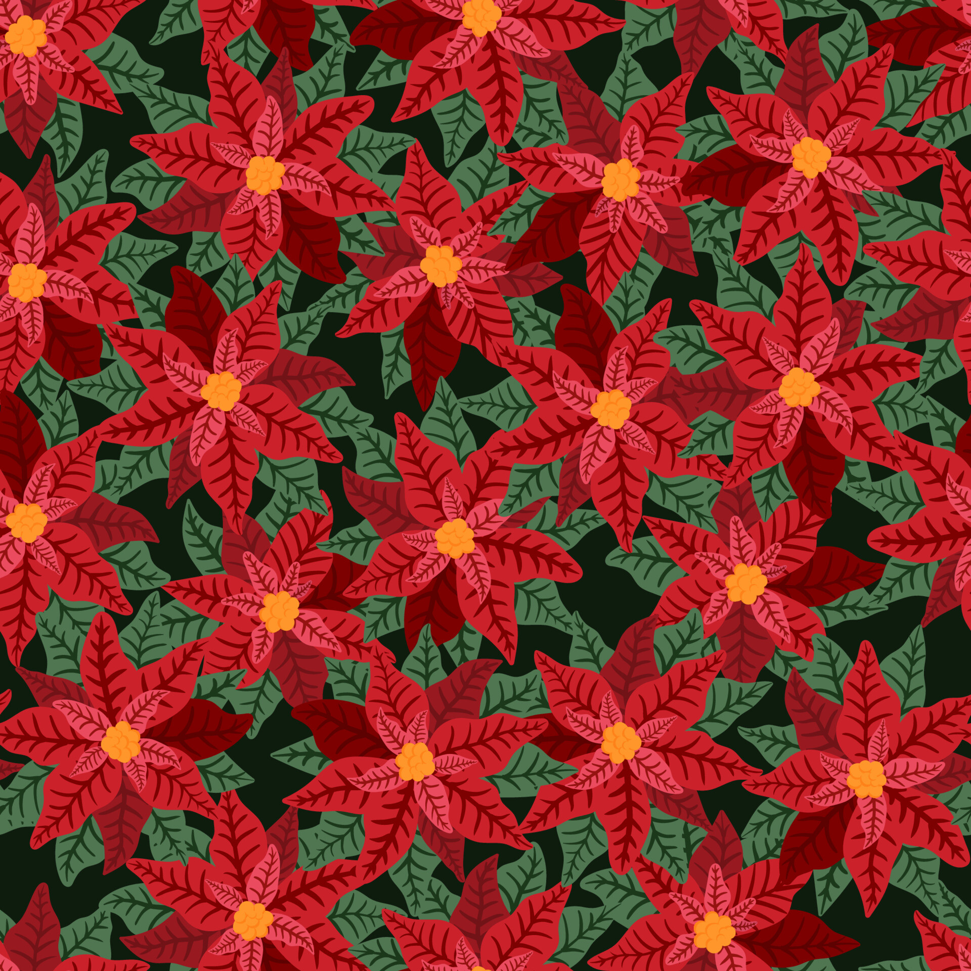 Red poinsettia, Holiday decoration, Vector seamless pattern, Greeting card design, 1920x1920 HD Phone