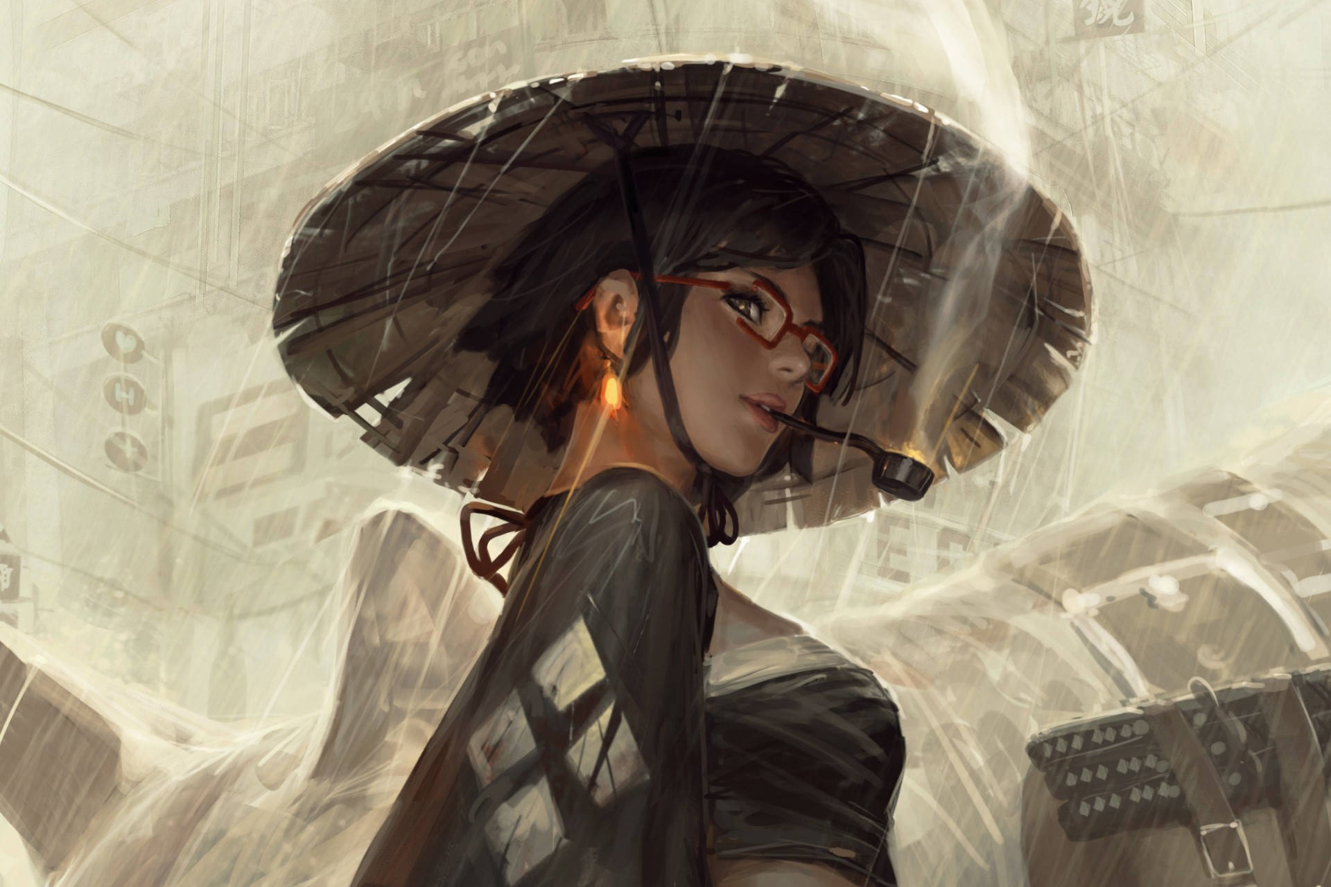 Bespectacled samurai girl, Smoking kiseru pipe, Woven straw sugegasa hat, HD Desktop wallpaper