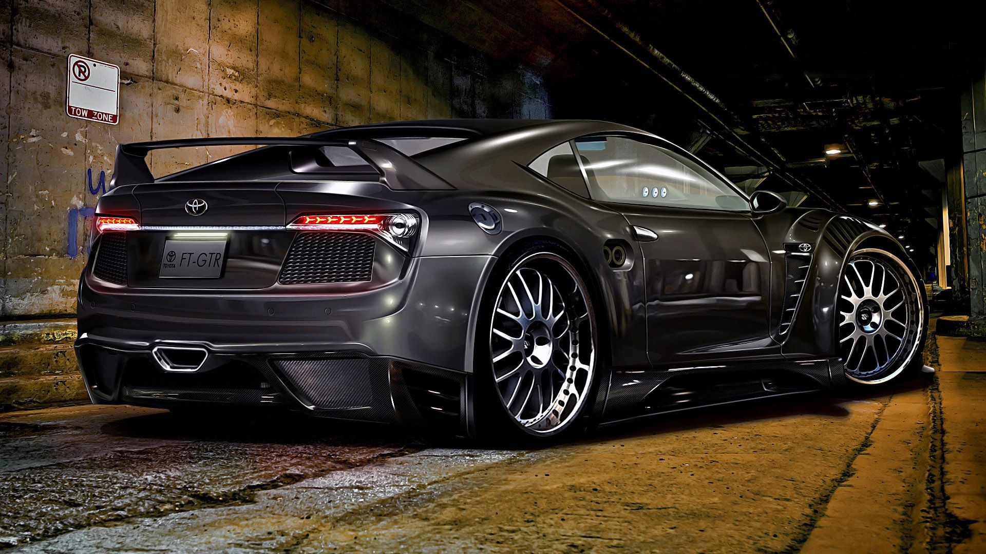 Toyota FT-GTR concept, TOW ZONE sign, concrete underpass, Full HD Desktop wallpaper