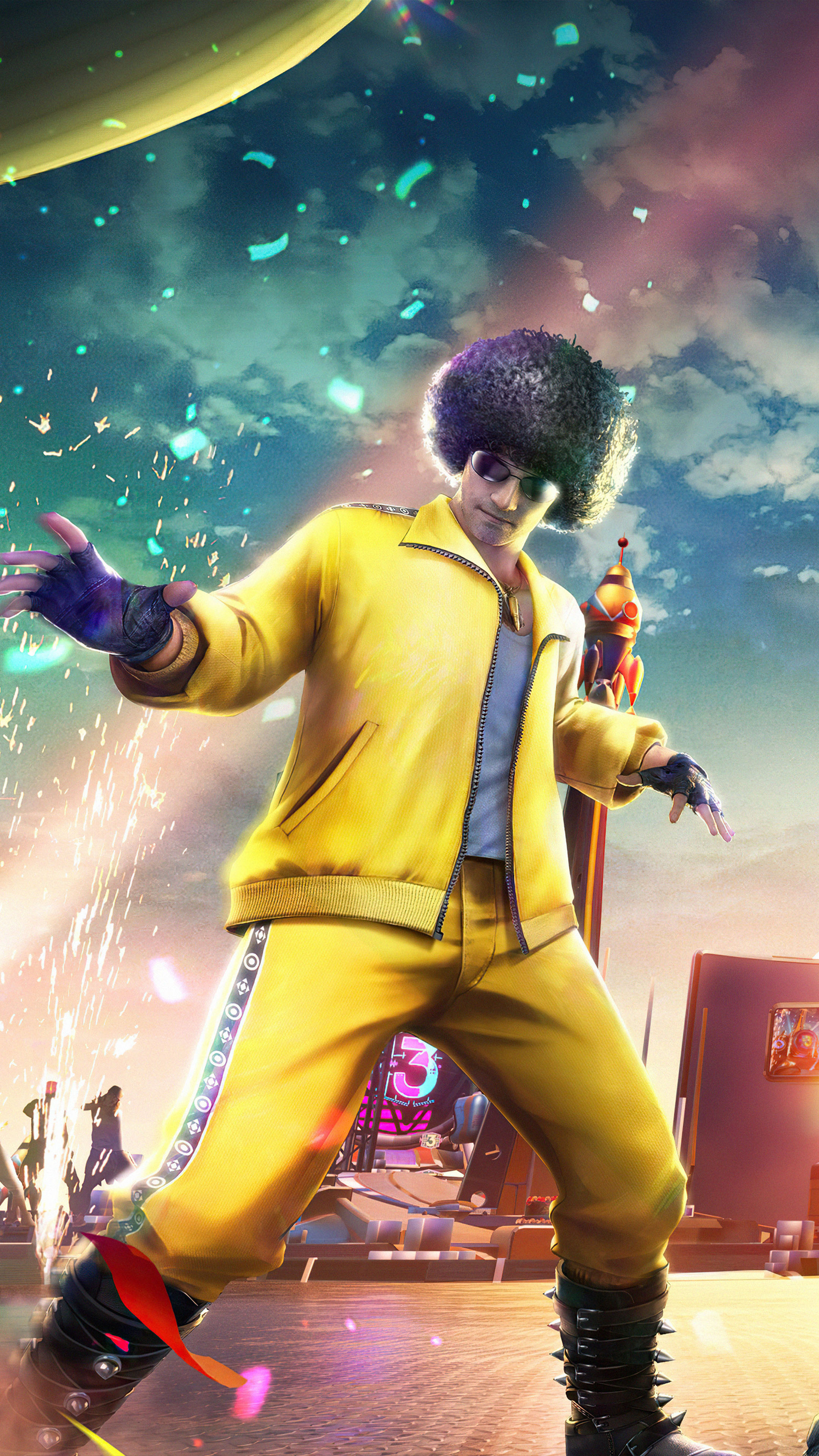 PUBG Mobile character, bright yellow tracksuit, afro with sunglasses, 4K Phone wallpaper
