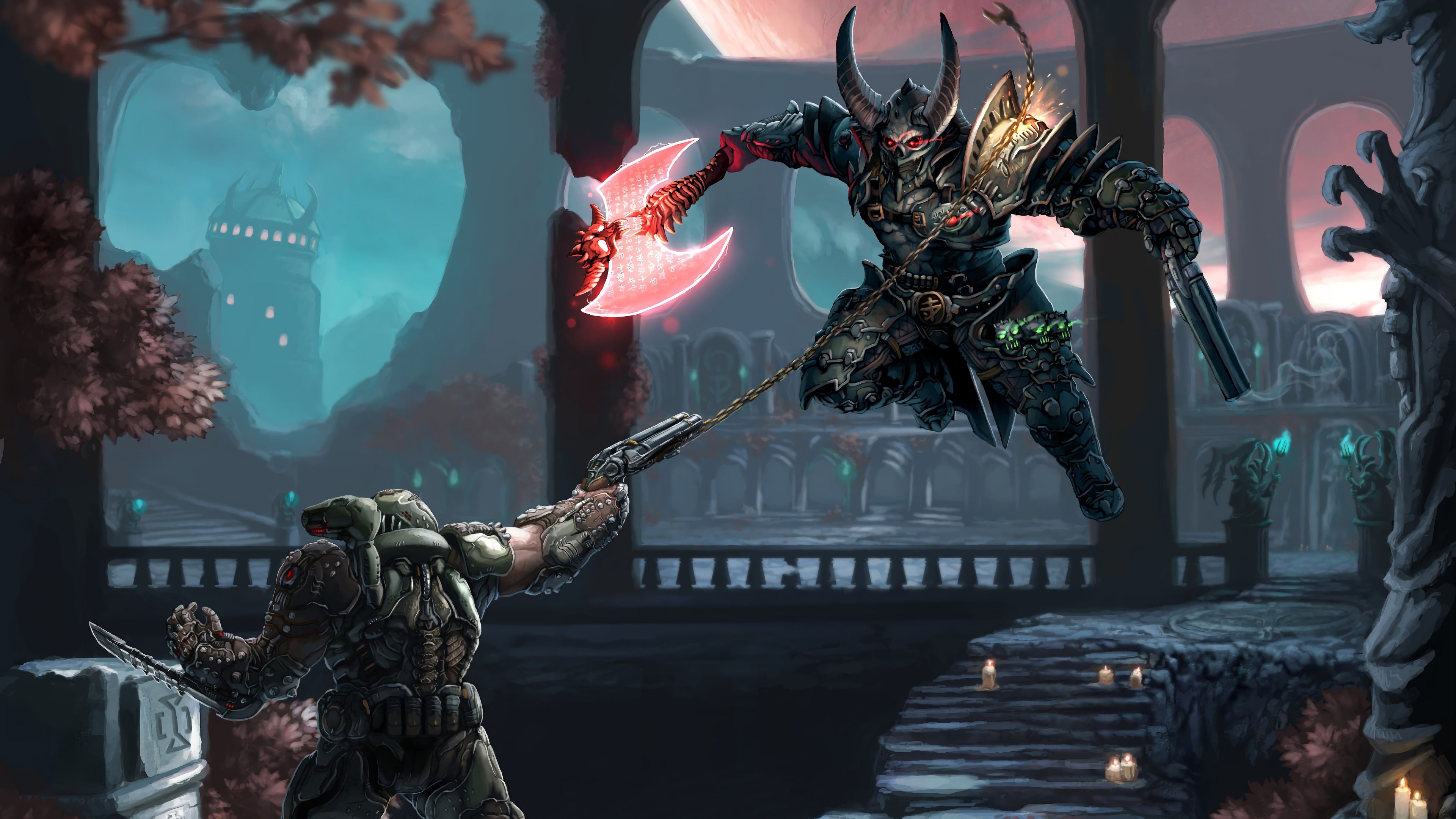 Marauder with Argent axe, Doom Slayer with Super Shotgun, Doom Eternal Sentinel arena, 4K Desktop wallpaper