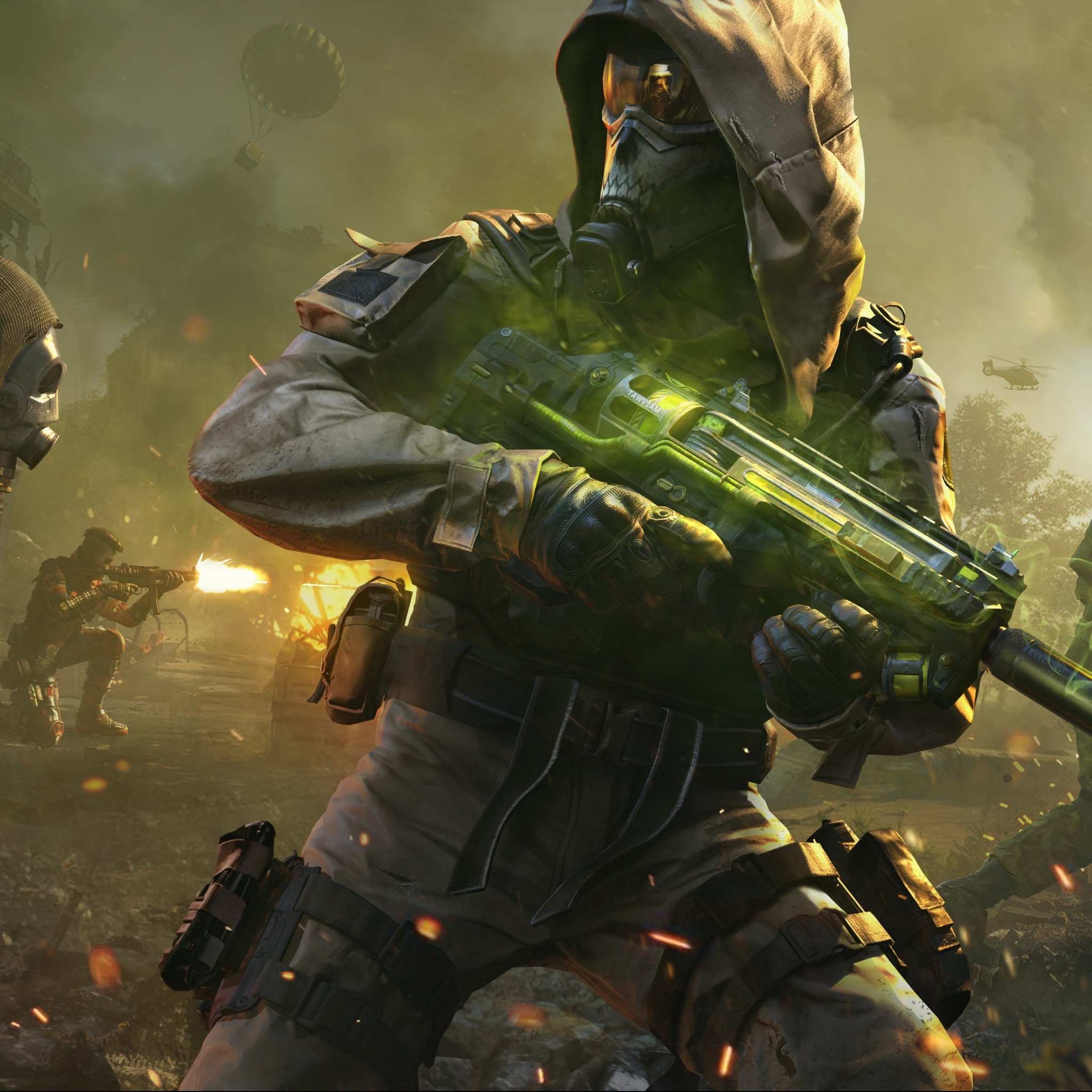 Ghost Hazmat skin, glowing green toxic rifle, wartime battlefield airdrop, HD Phone wallpaper