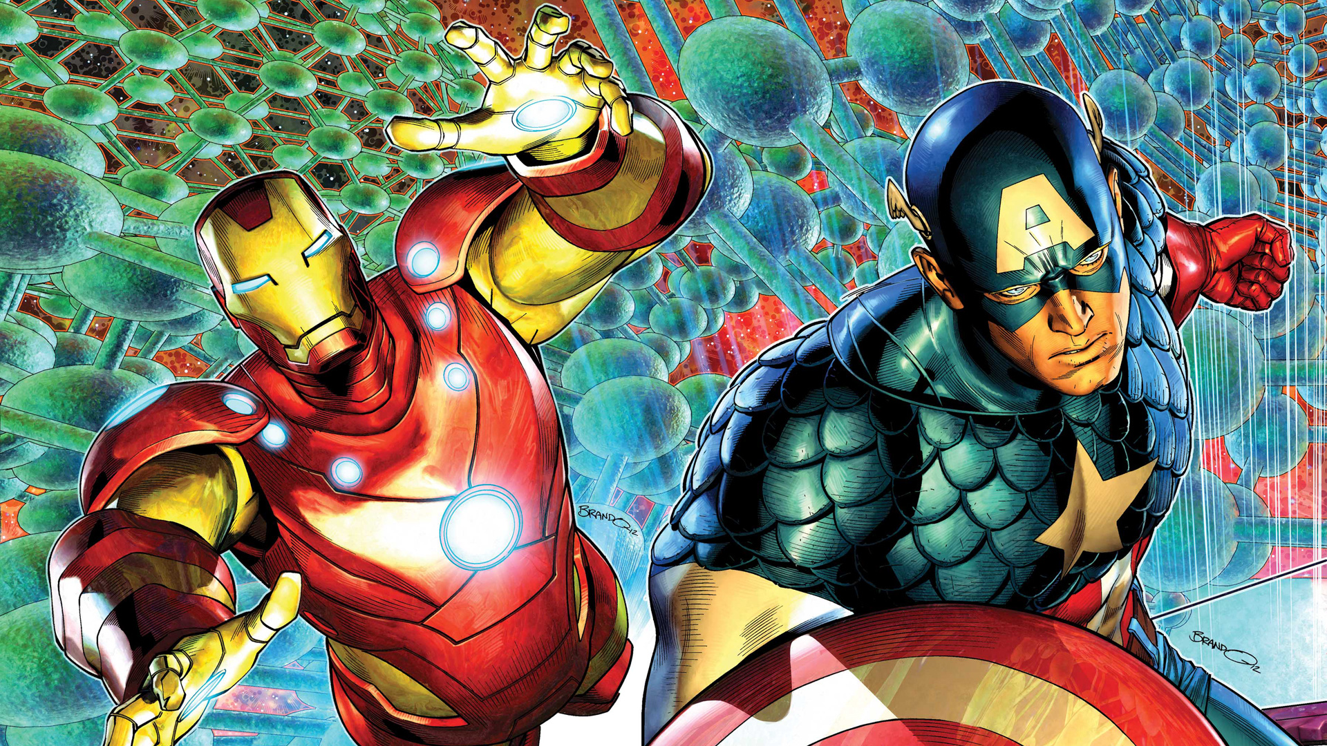 Iron Man, Captain America, Captain America shield, Marvel Comics artwork, Full HD Desktop wallpaper