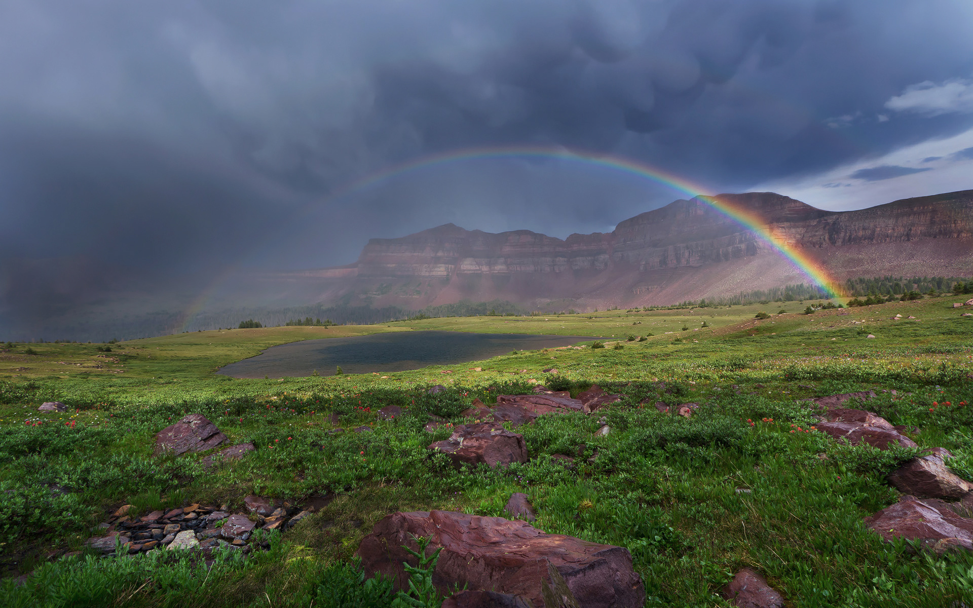 Rainbow over alpine plateau, Dark storm clouds, Red rock alpine tundra, HD Desktop wallpaper