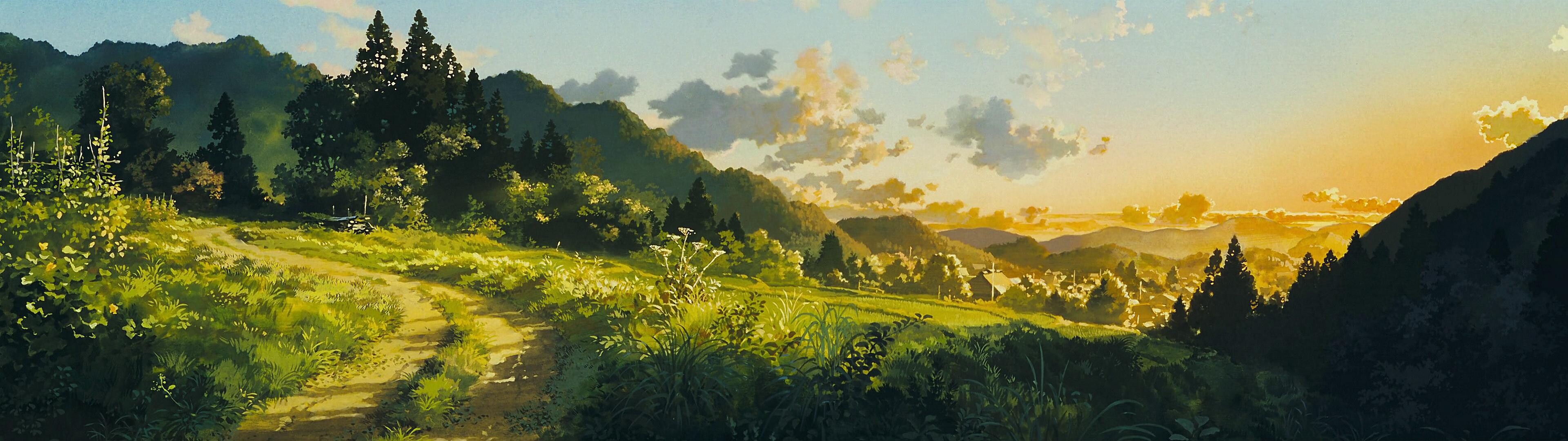 Hayao Miyazaki Cartoon, Green Hills, Summer Forest, Mountain Village, AI Wallpaper