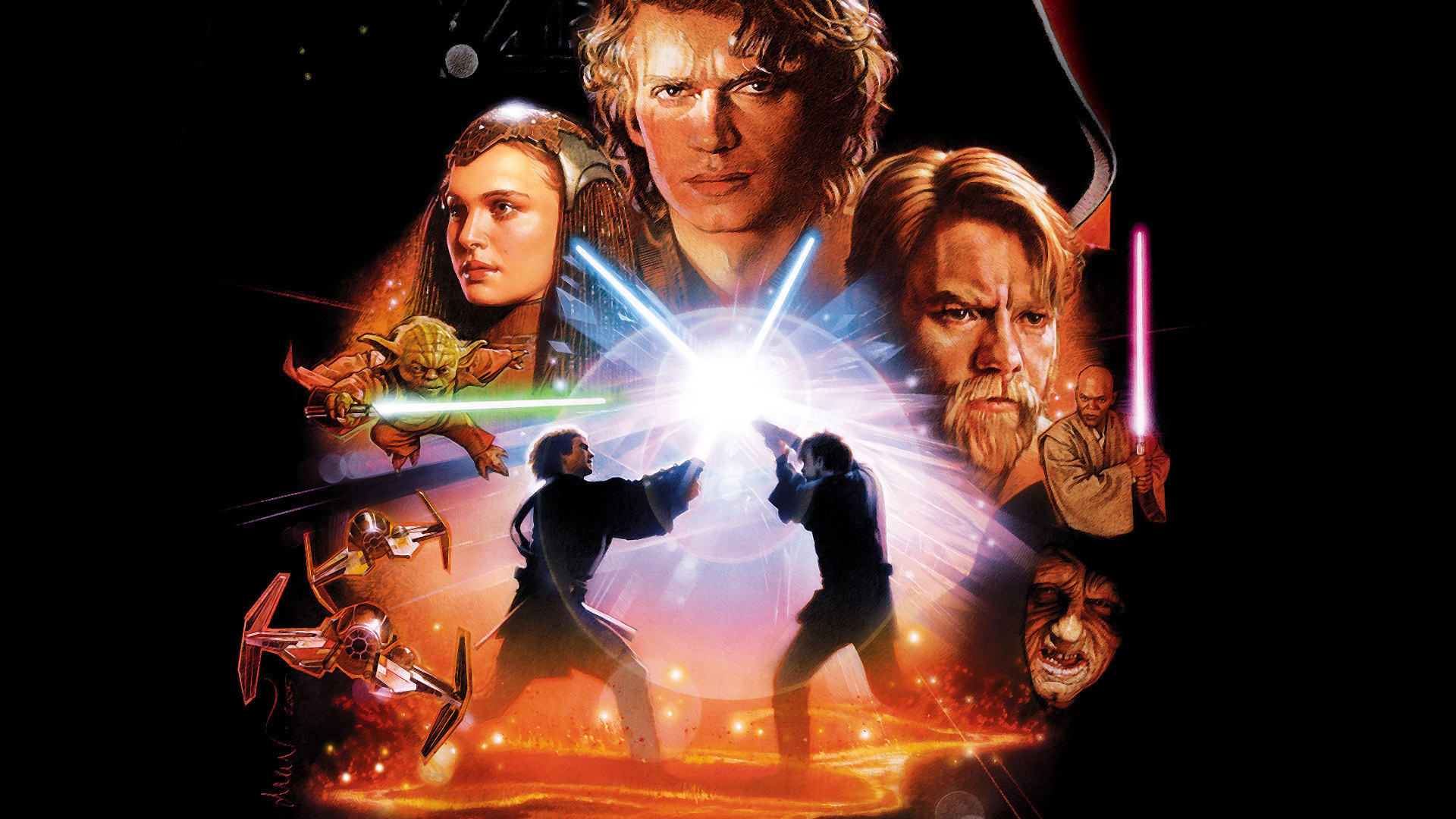 Star Wars Episode III Revenge of the Sith artwork, Anakin Skywalker, Obi-Wan Kenobi, Padmé Amidala, Mustafar lightsaber duel, Full HD Desktop wallpaper