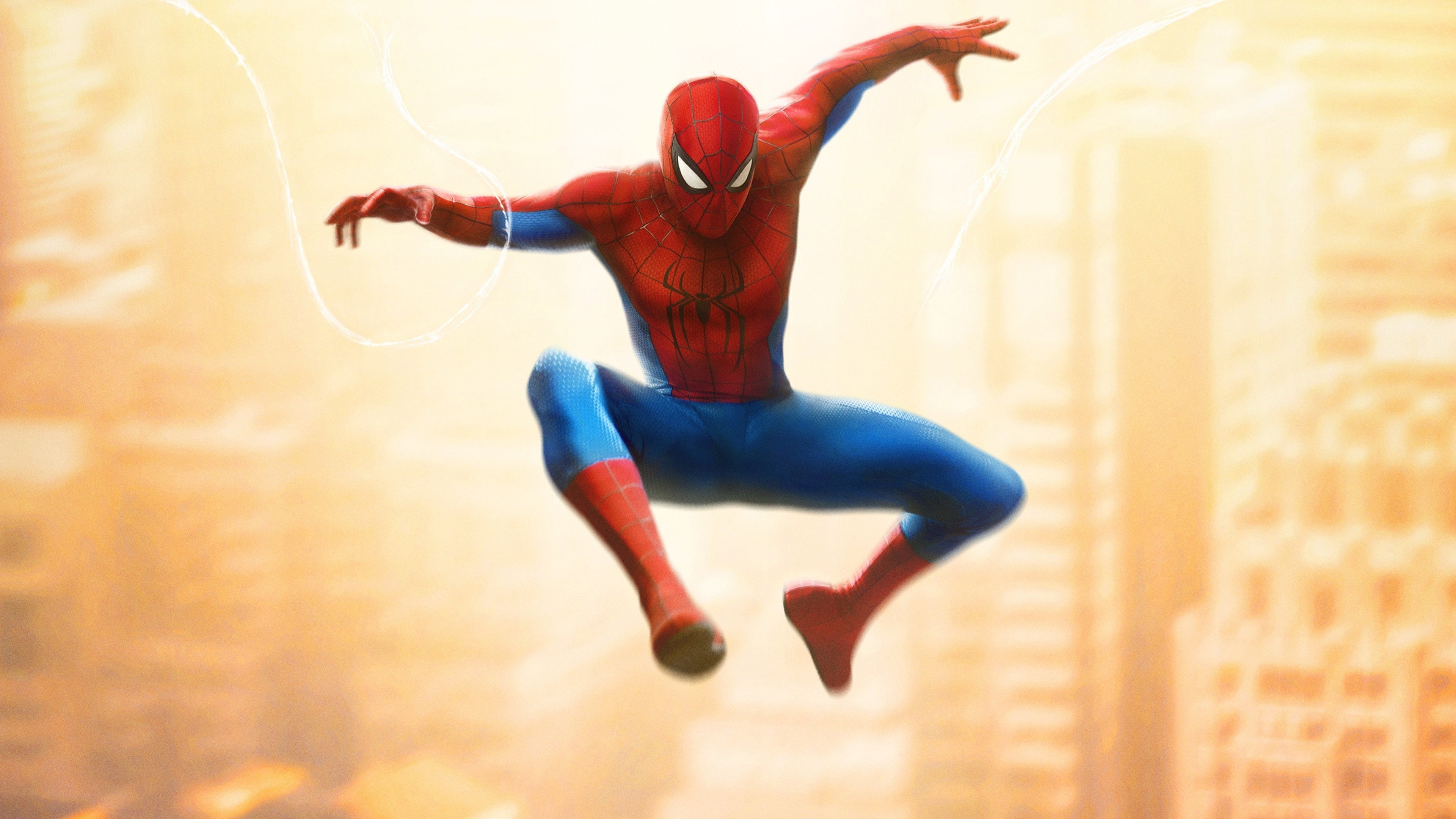 Marvel's Spider-Man, Classic Suit, Blurred golden cityscape, 4K Desktop wallpaper