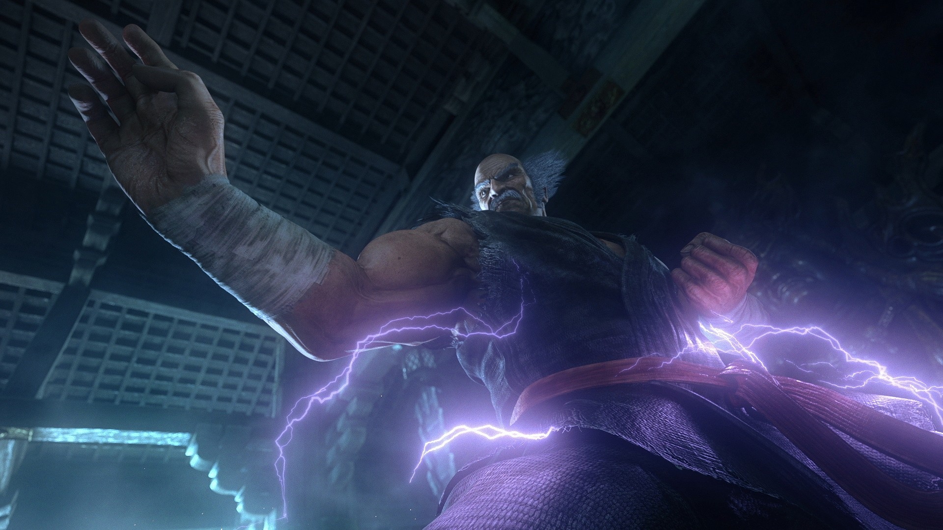 Heihachi Mishima, purple electric lightning, traditional Japanese dojo, Full HD Desktop wallpaper