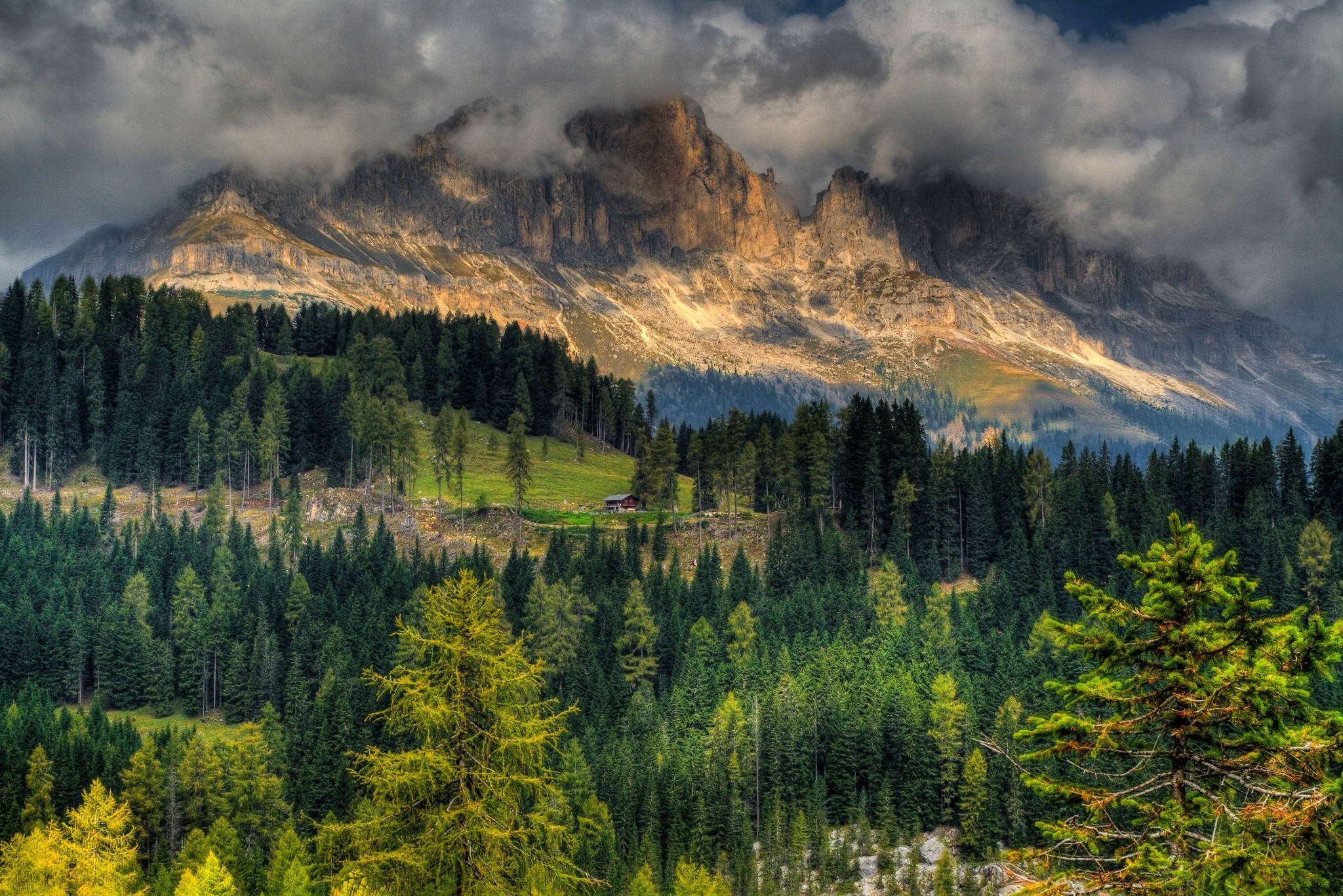 Dolomites mountain peaks, dense conifer forest, isolated alpine cabin, HD Desktop wallpaper