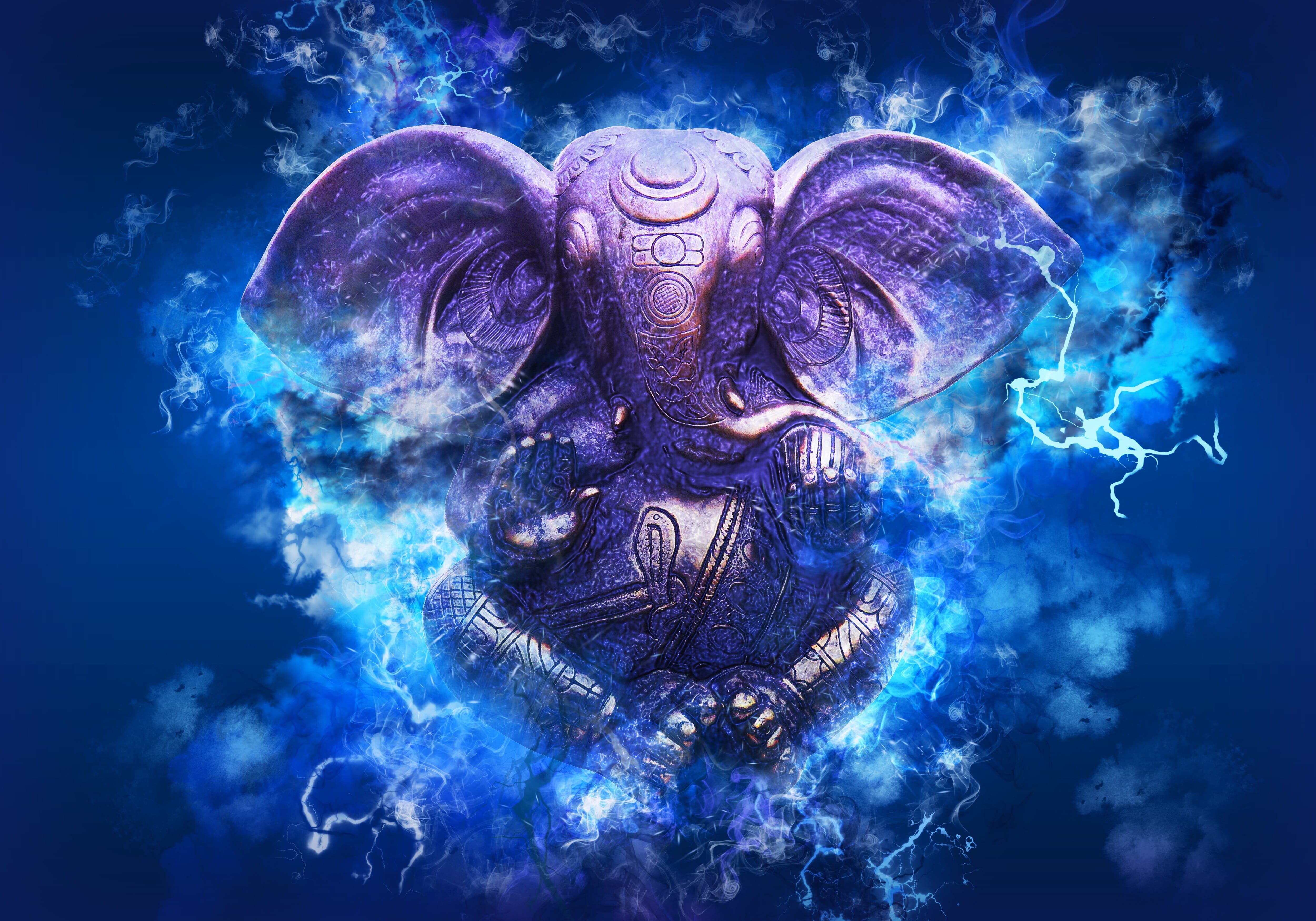 Lord Ganesha Statue, Blue Smoke, Lightning, 4K PC Wallpaper