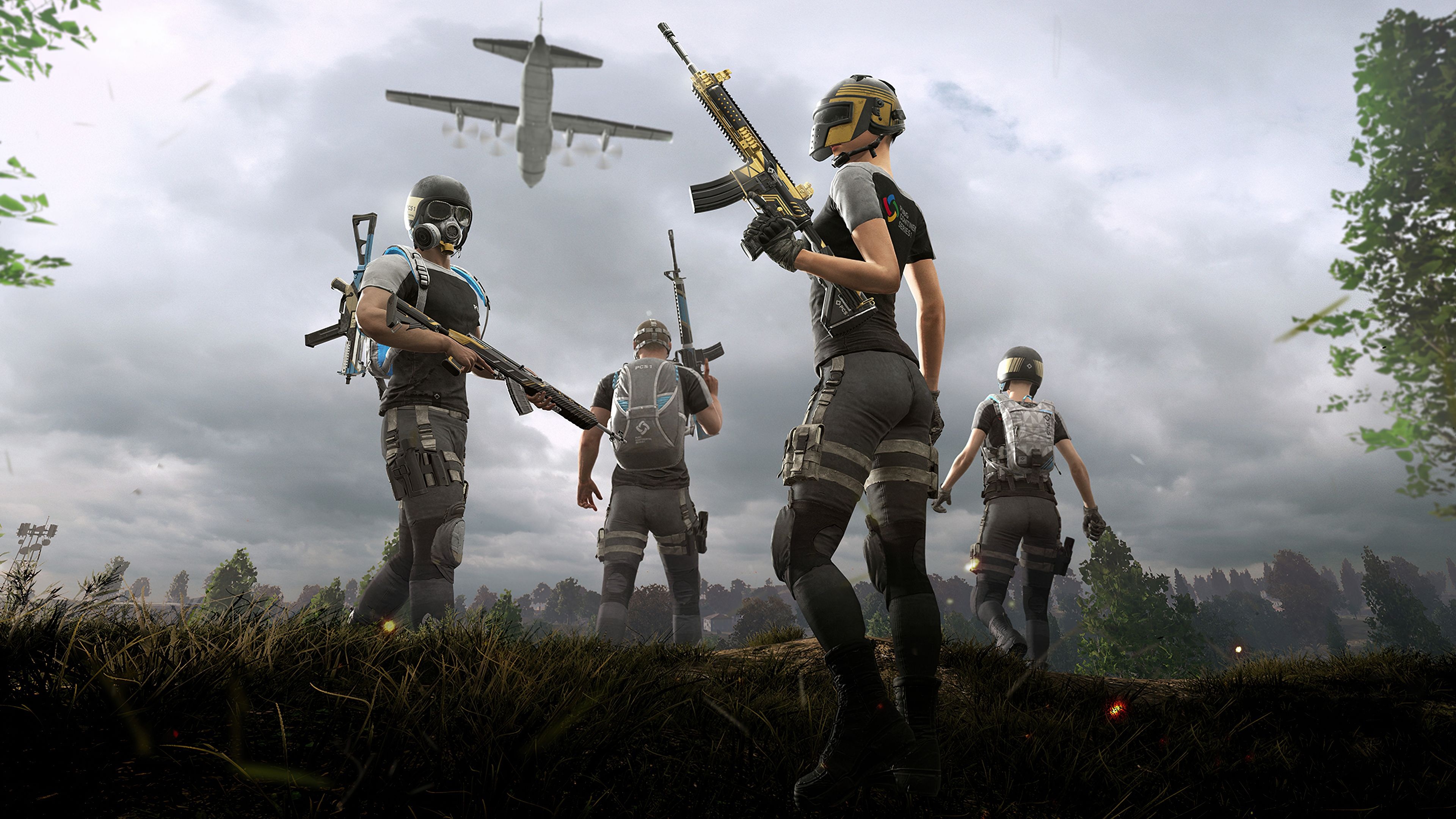 PUBG Continental Series squad, C-130 Hercules cargo plane, Level 3 helmet, M416 assault rifle, 4K Desktop wallpaper