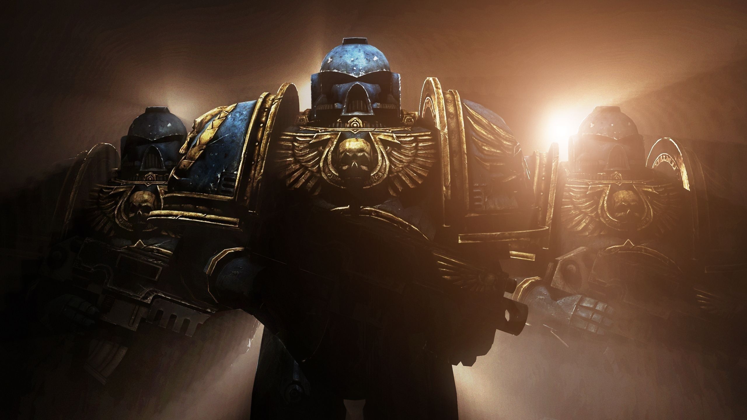 Ultramarines Space Marine squad, Golden Imperial Aquila chest emblem, Dramatic warm backlight haze, HD Desktop wallpaper