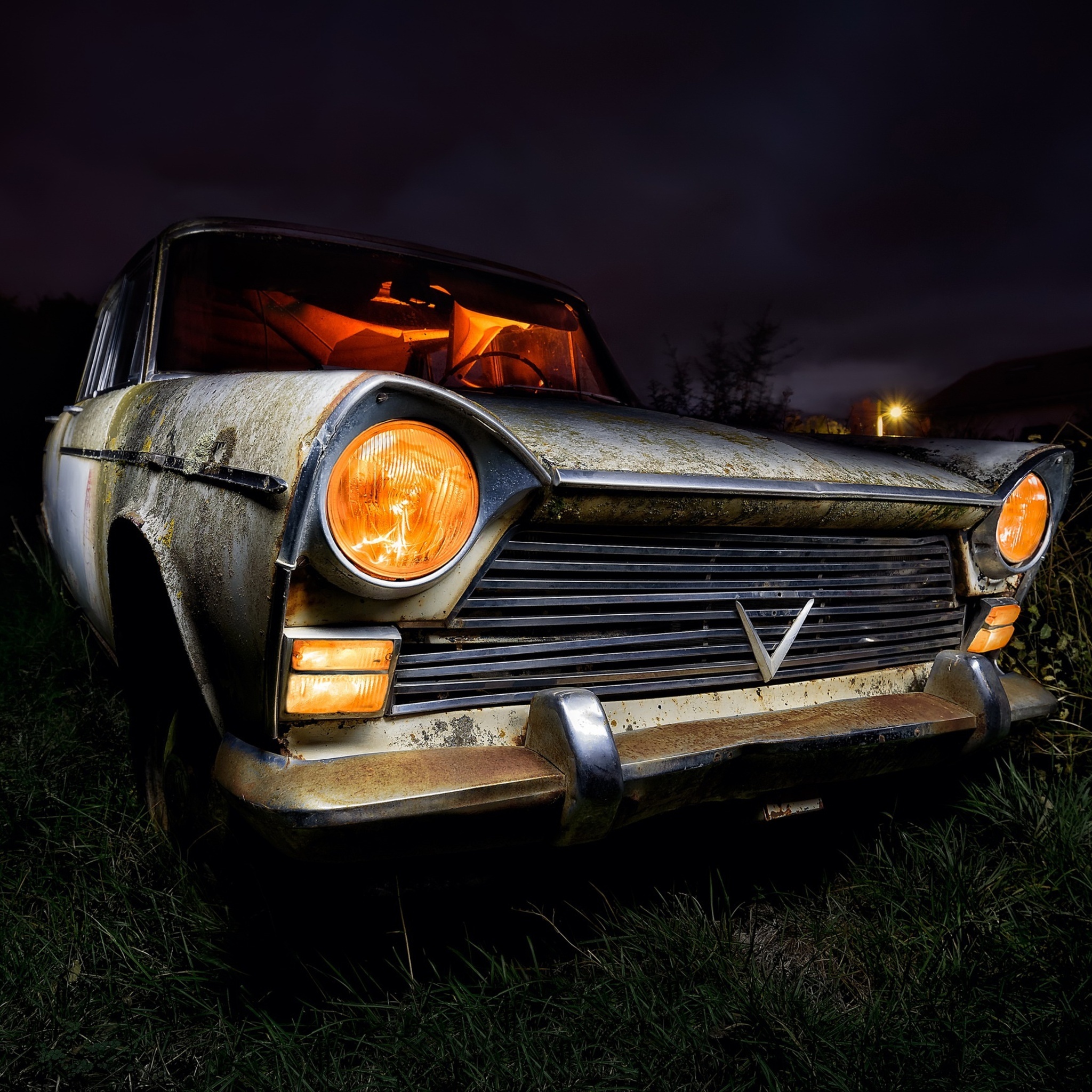 Vauxhall Victor FB, glowing amber headlights, overgrown night field, HD Phone wallpaper