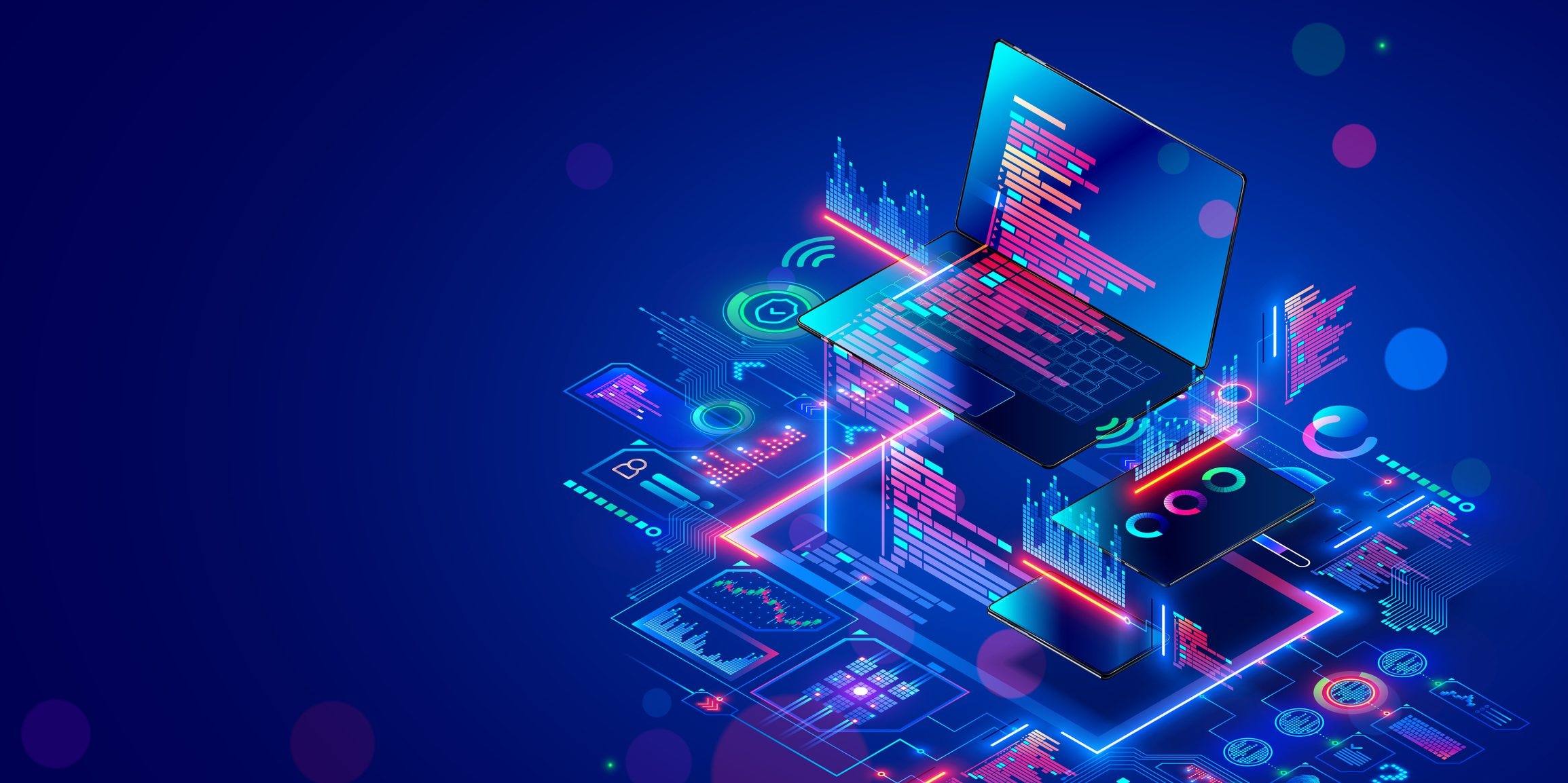 isometric neon laptop, holographic source code windows, digital HUD data visualizations, Dual Screen Desktop wallpaper