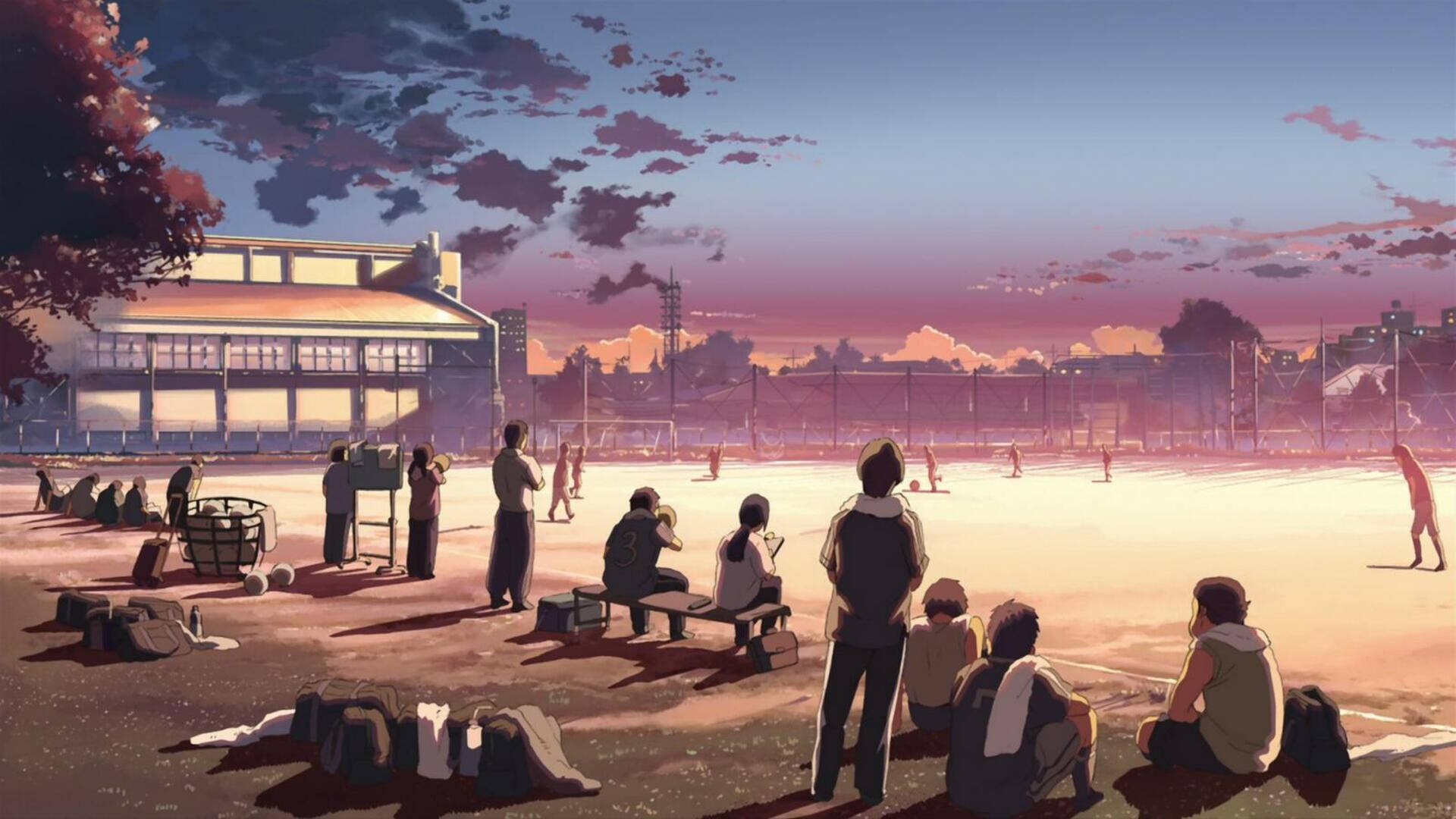 5 Centimeters per Second, School sports field, Purple sunset sky, Full HD Desktop wallpaper