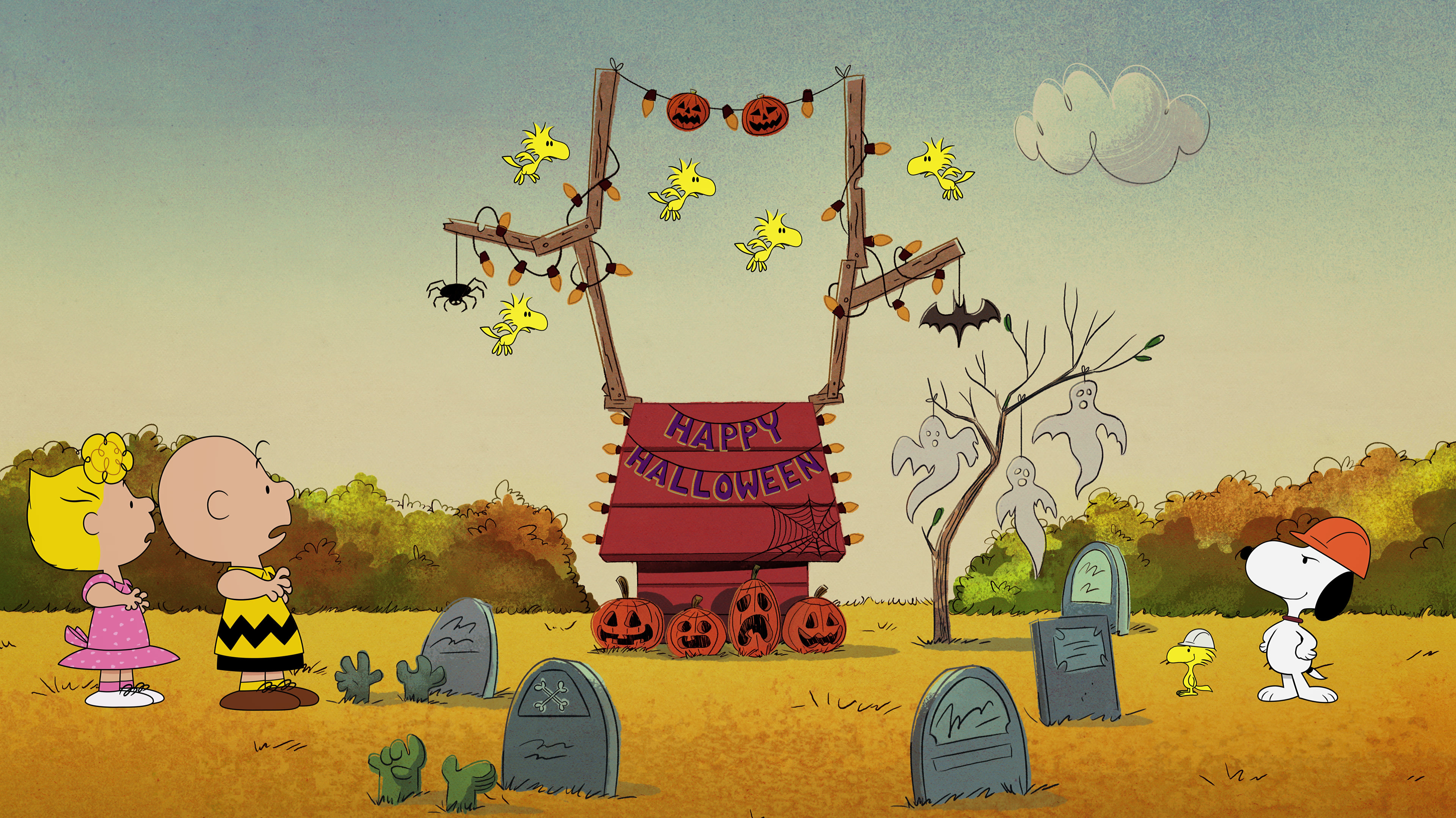 Charlie Brown, Snoopy, Sally Brown, Woodstock, HAPPY HALLOWEEN sign, 4K Desktop wallpaper