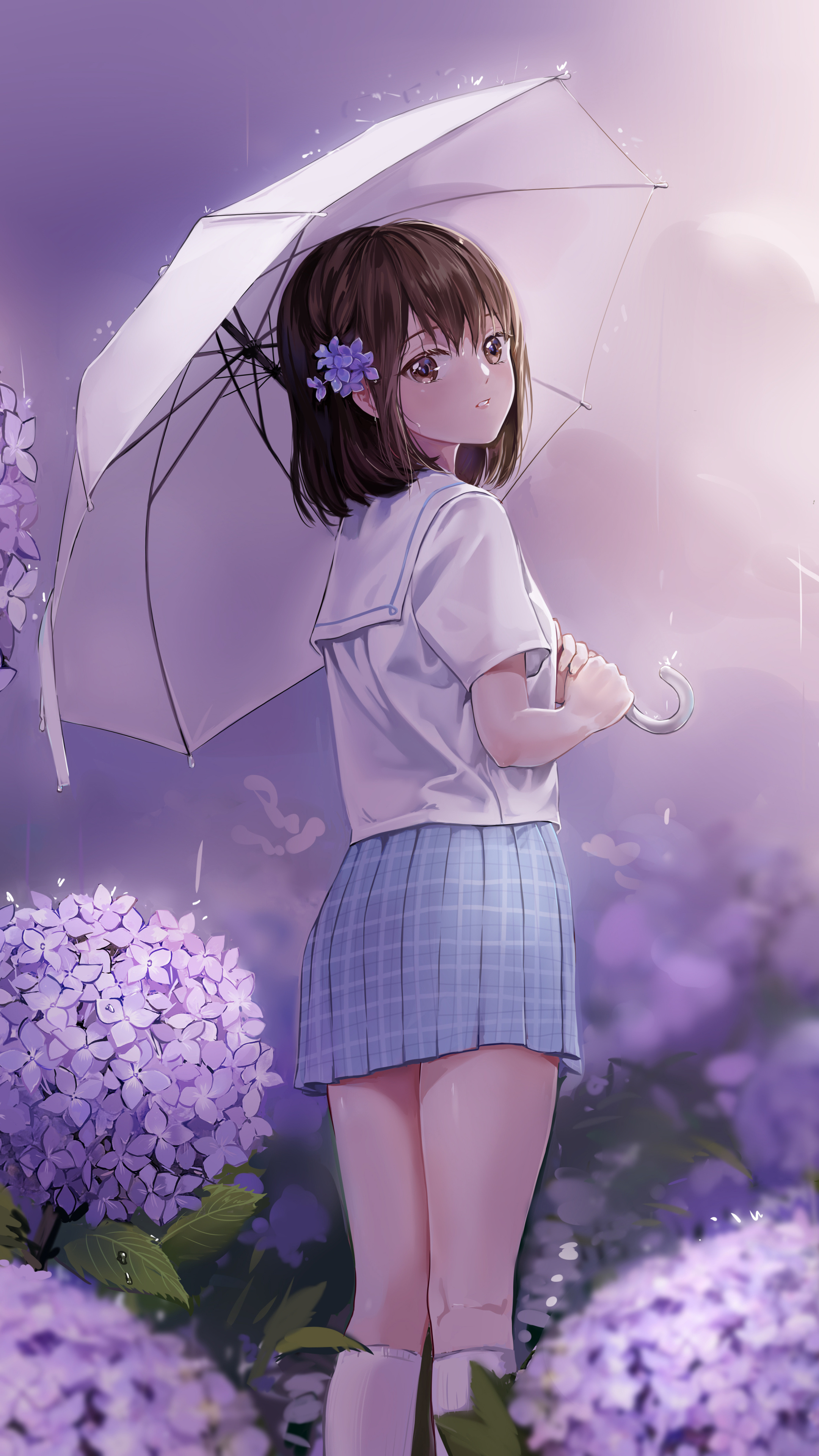 Anime Girl, Purple Hydrangea, Brown Hair, Purple Eyes, Umbrella, 2160x3840 4K Phone