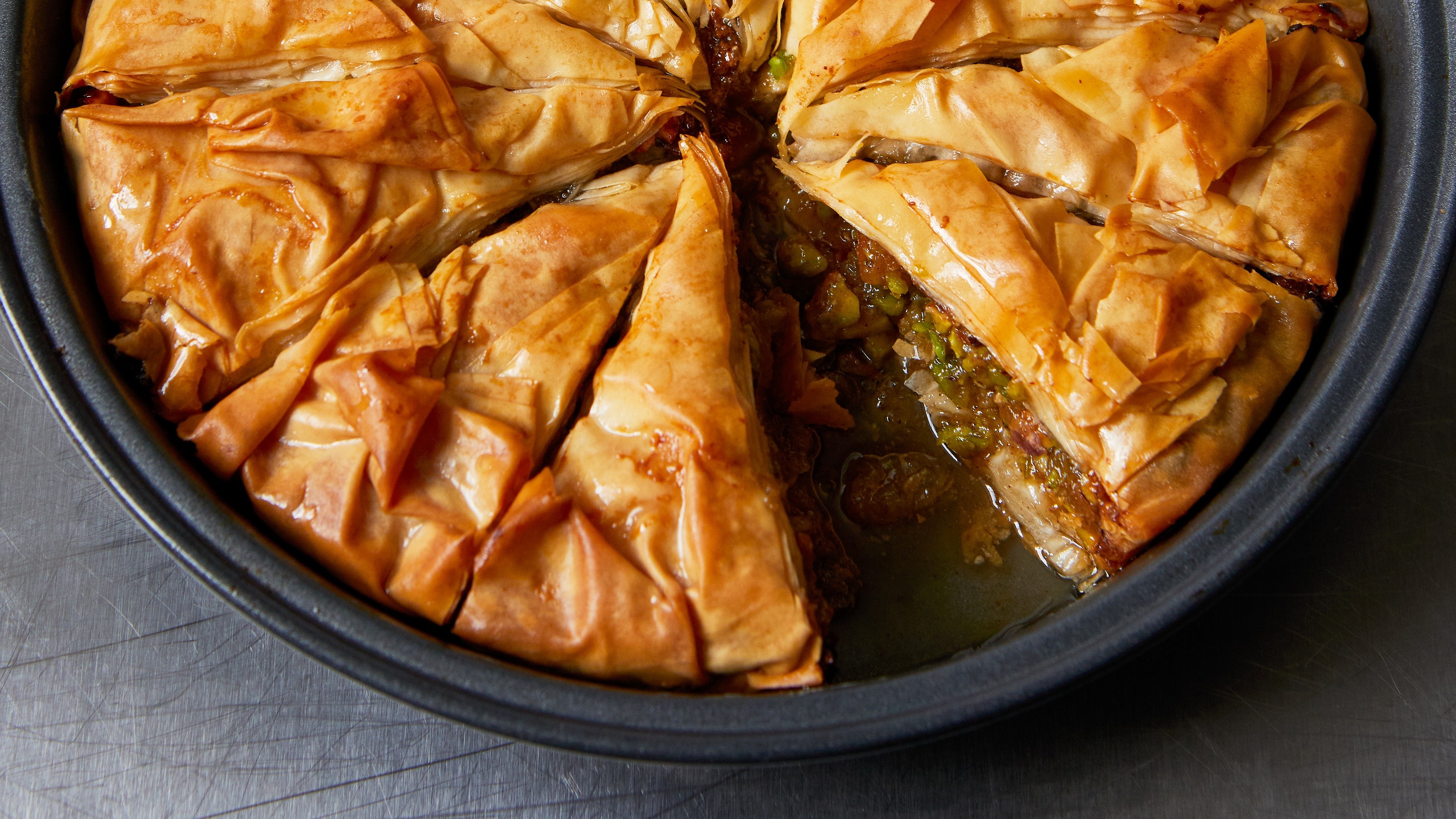 Pistachio and golden raisin baklava, Honey & co recipe, 3530x1990 HD Desktop
