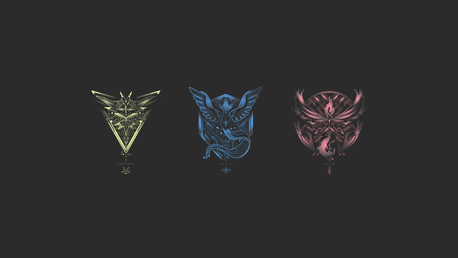 Zapdos, Articuno, Moltres, Team Instinct, Team Mystic, Team Valor, Pokemon GO crests, Full HD Desktop wallpaper