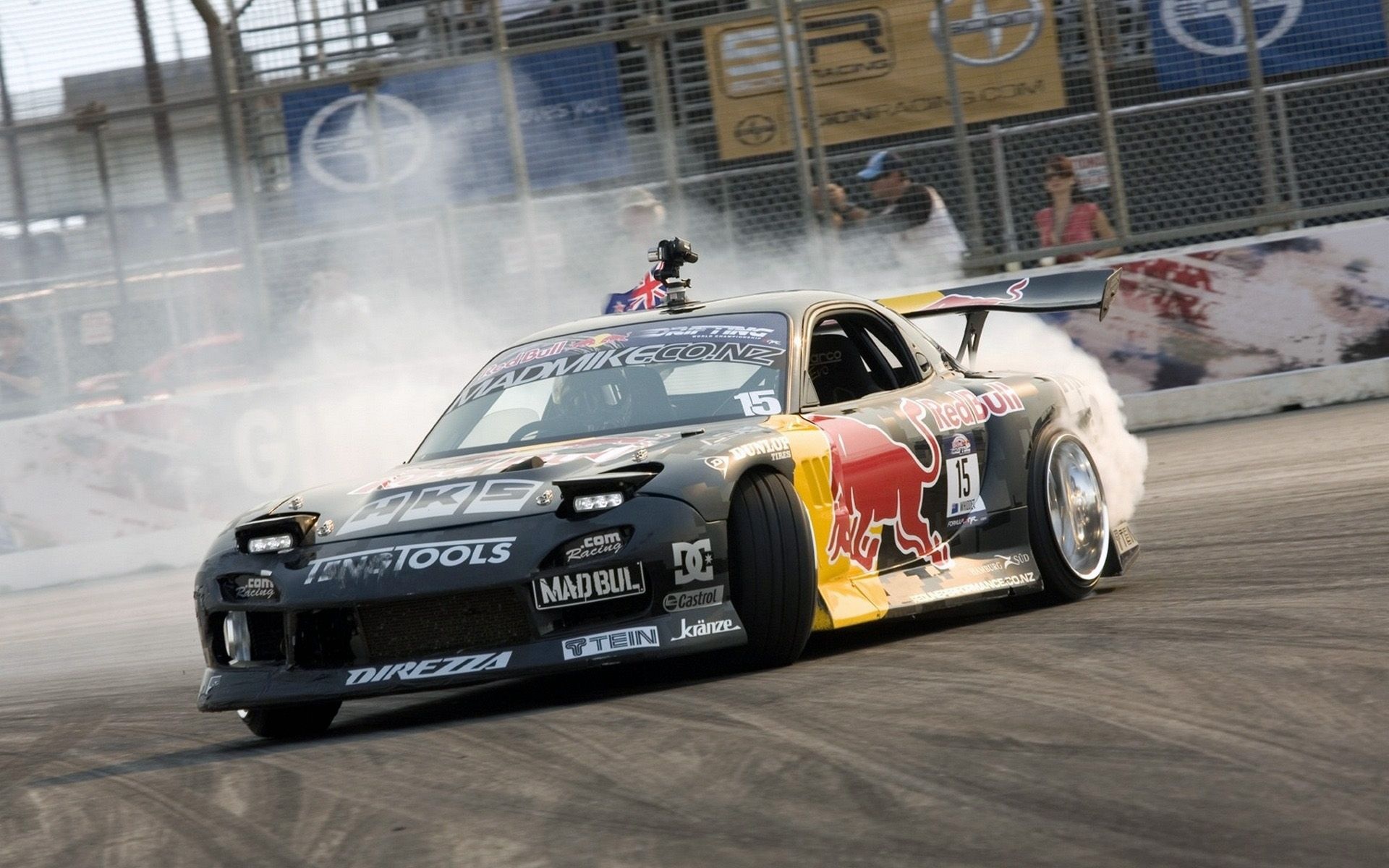Mad Mike Mazda RX-7, Red Bull racing livery, drifting tire smoke, HD Desktop wallpaper
