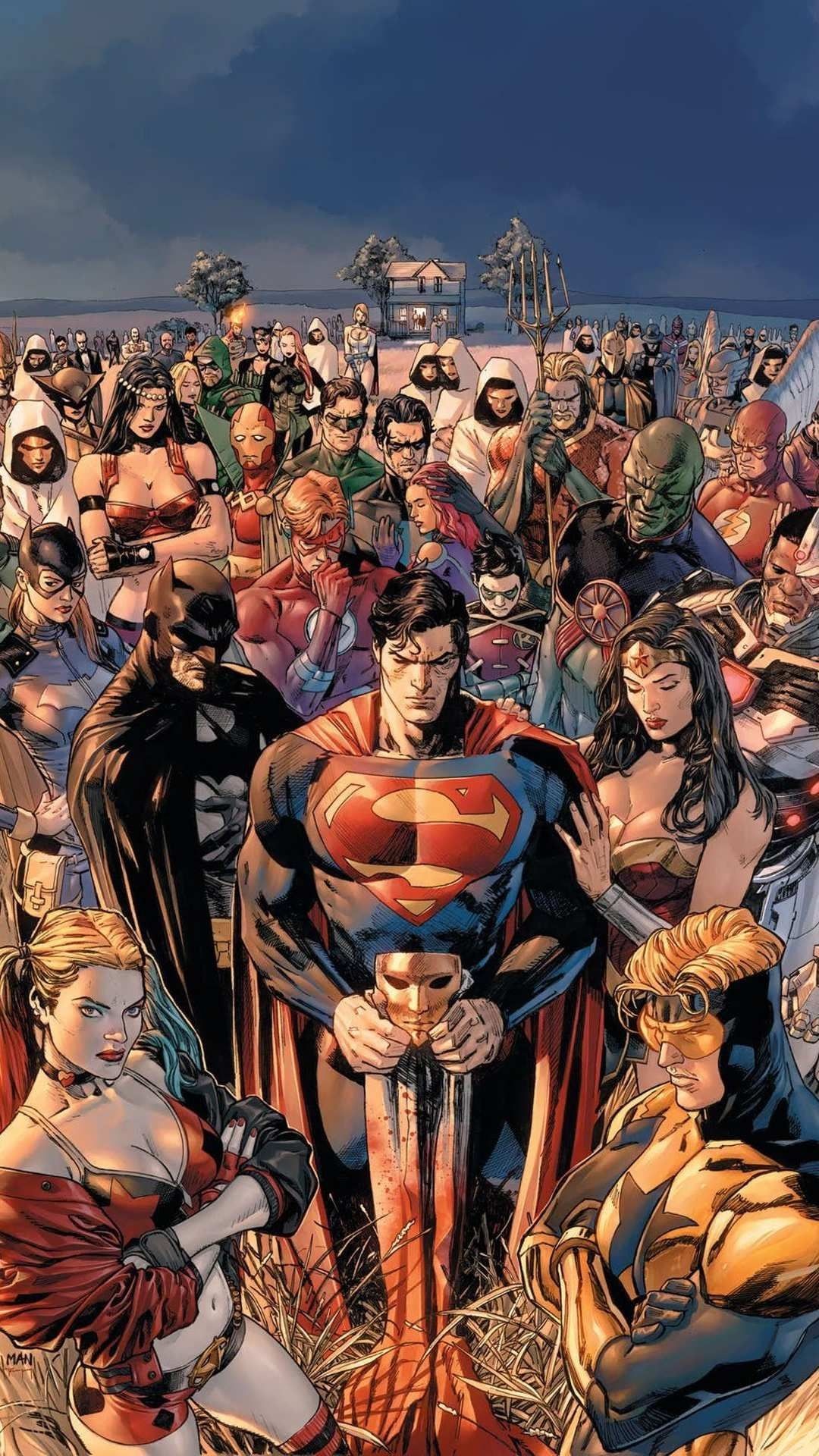 Superman holding Sanctuary mask, Heroes in Crisis comic art, Harley Quinn and Booster Gold, Batman and Wonder Woman, Full HD Phone wallpaper