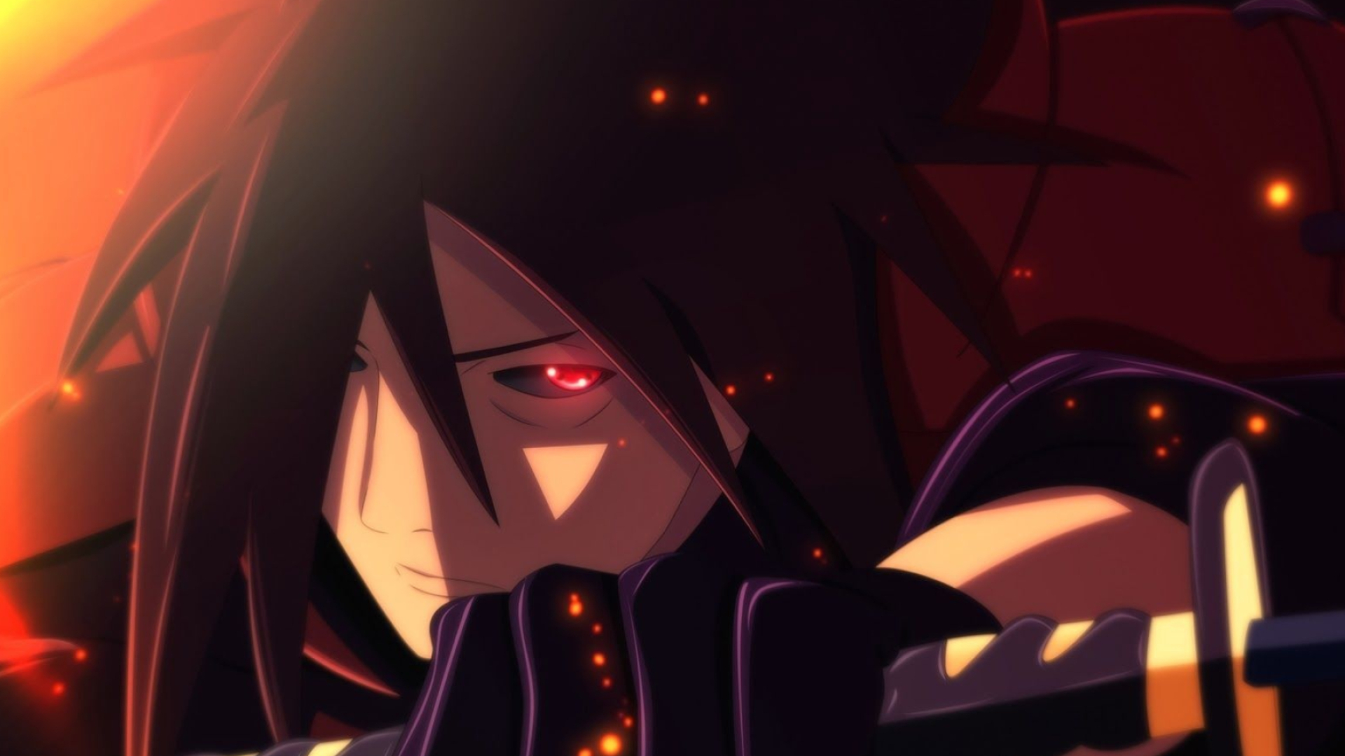Madara Uchiha, Sharingan eye, floating fire embers, Full HD Desktop wallpaper