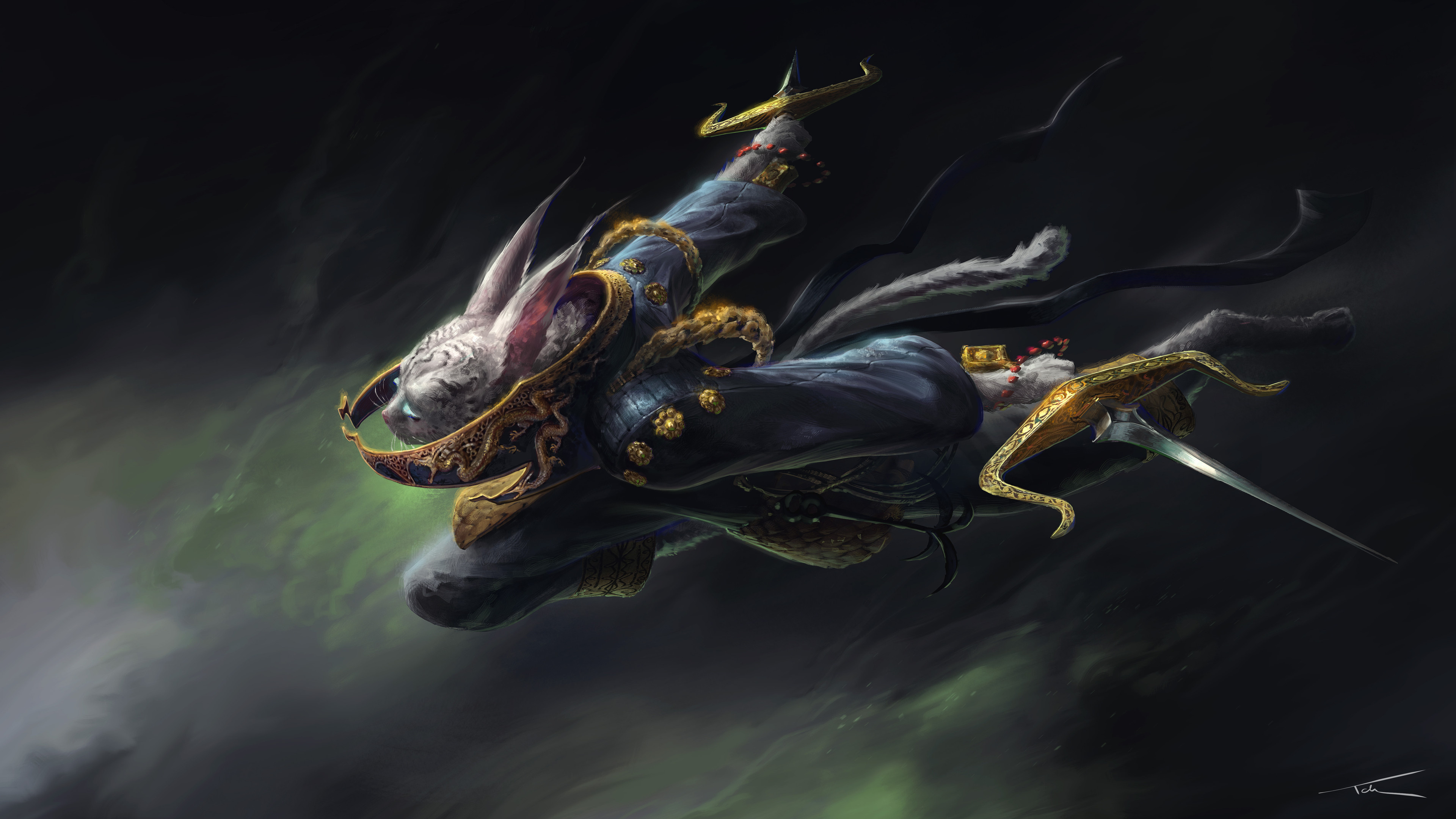 Anthropomorphic rabbit assassin, Dual ornate gold daggers, Dark green glowing mist, 4K Desktop wallpaper
