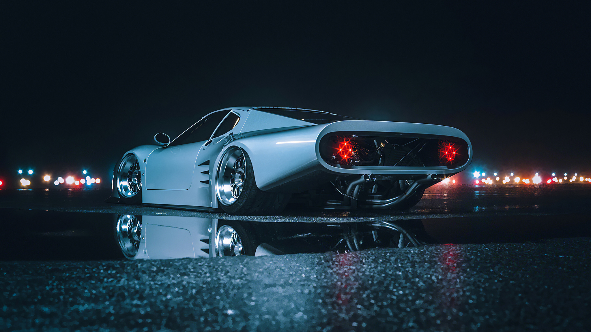 custom Ferrari 250 GTO, wet asphalt reflection, glowing red taillights, HD Desktop wallpaper