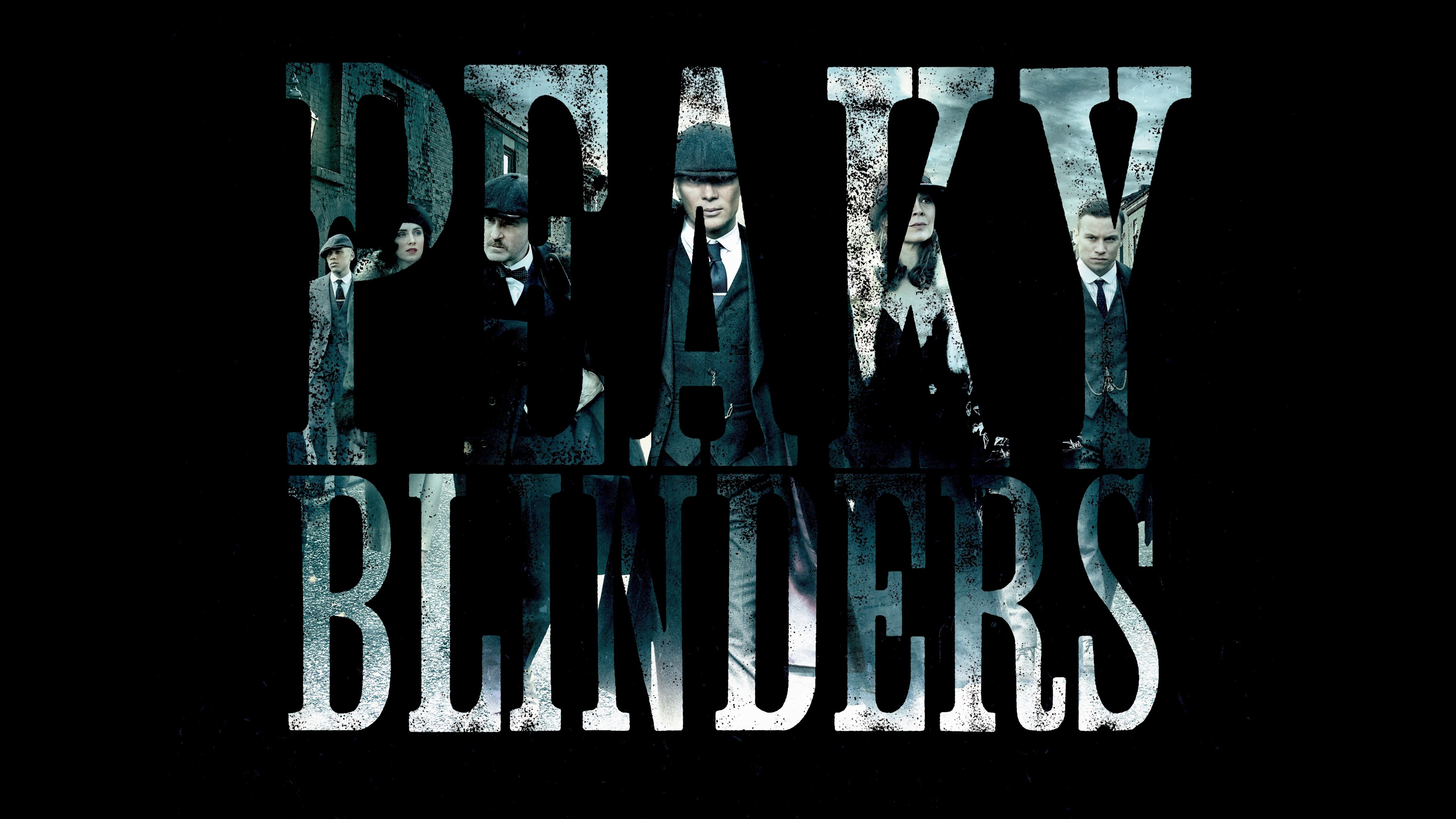 Arthur Shelby, Polly Gray, Michael Gray, Thomas Shelby, Solid black background, Overcast industrial street, 4K Desktop wallpaper