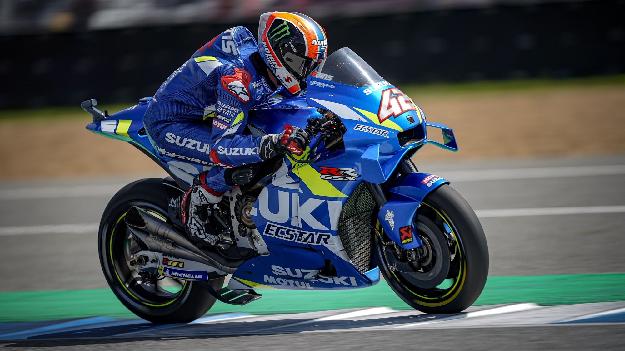 Alex Rins number 42, Suzuki Ecstar GSX-RR, MotoGP corner exit drive, HD Desktop wallpaper