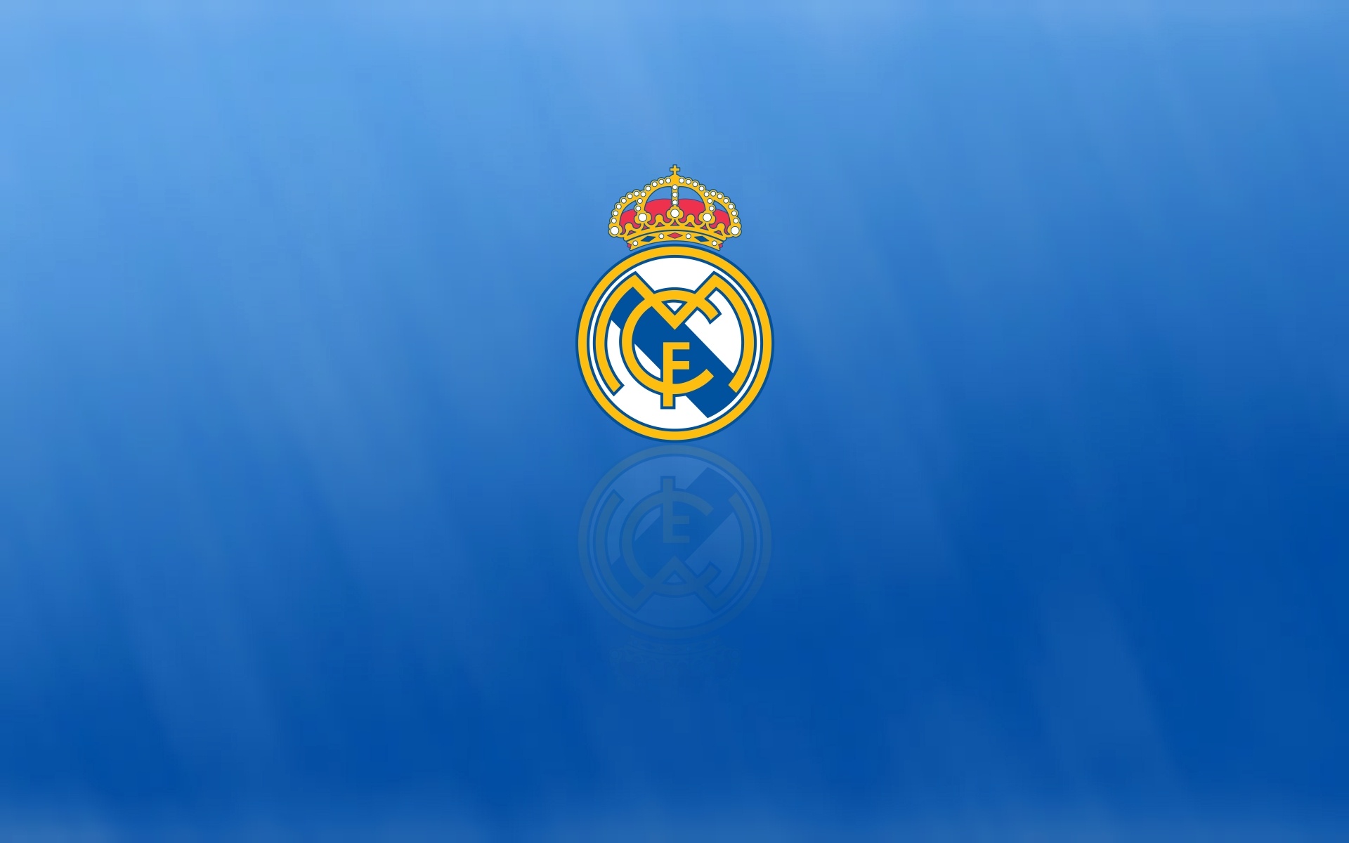 Real Madrid crest, faint crest reflection, blue gradient background, HD Desktop wallpaper