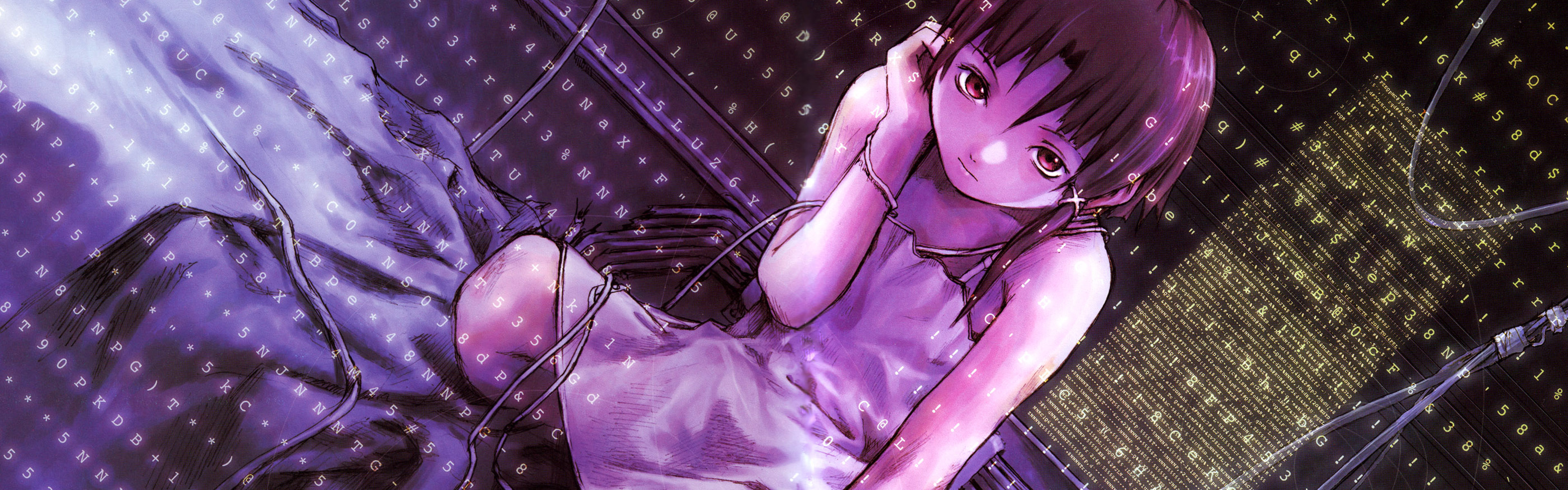 Free Lain wallpapers, Unique interpretation, Lain's allure, Digital artwork, 3840x1200 Dual Screen Desktop