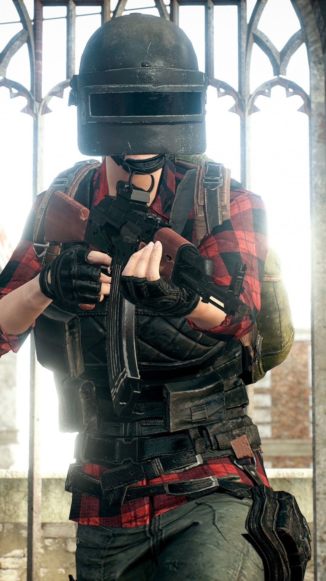 PUBG Level 3 Helmet, AKM assault rifle, Red plaid flannel shirt, Full HD Phone wallpaper