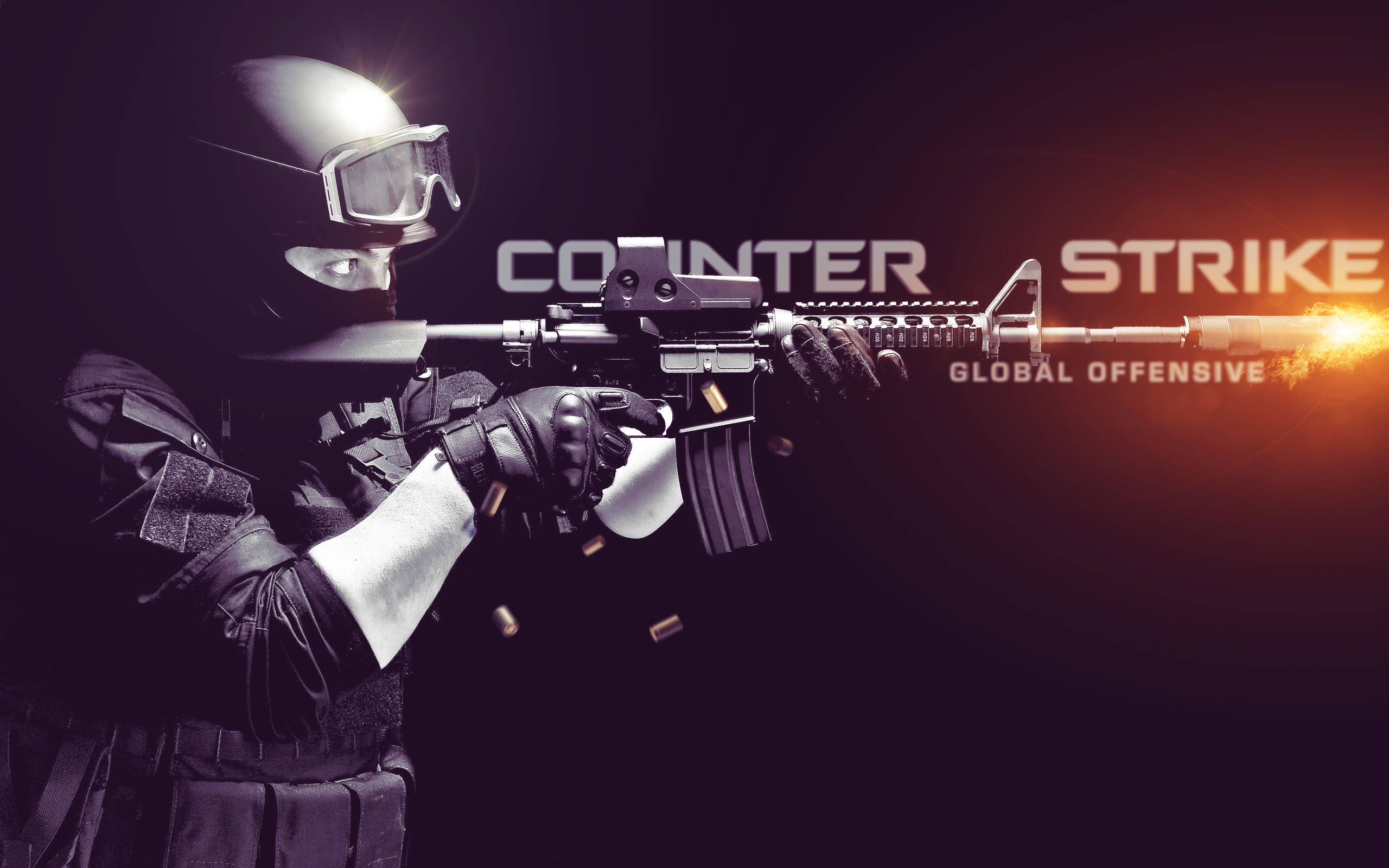 Counter-Strike: Global Offensive logo, Counter-Terrorist operative, firing M4 carbine, HD Desktop wallpaper
