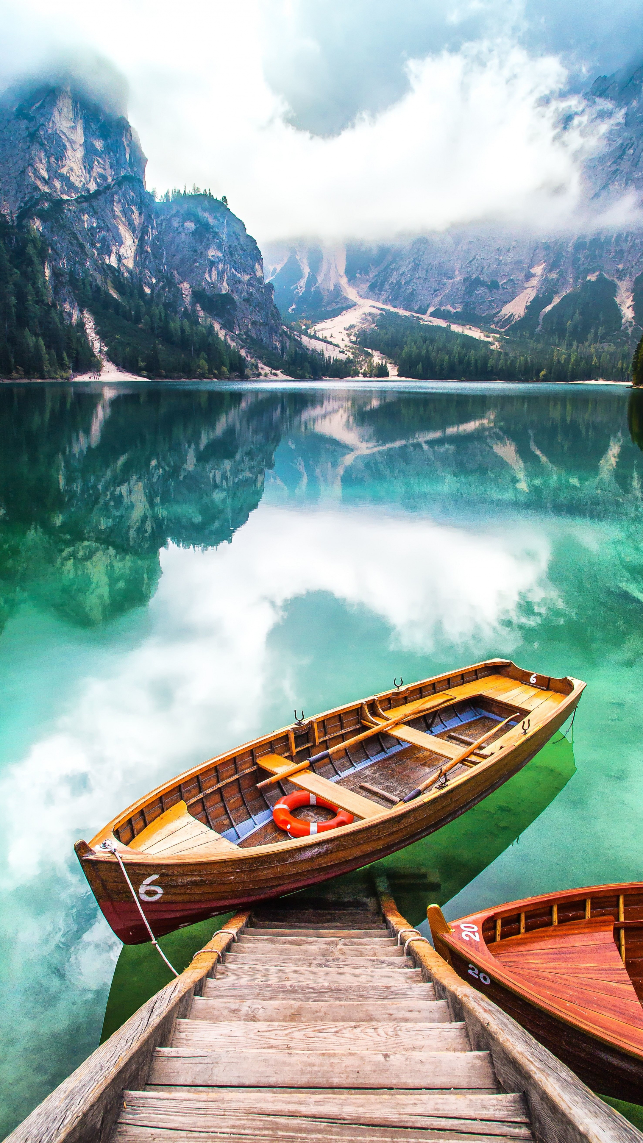 Pier boat lake, Mountains nature wallpaper, 2160x3840 4K Phone