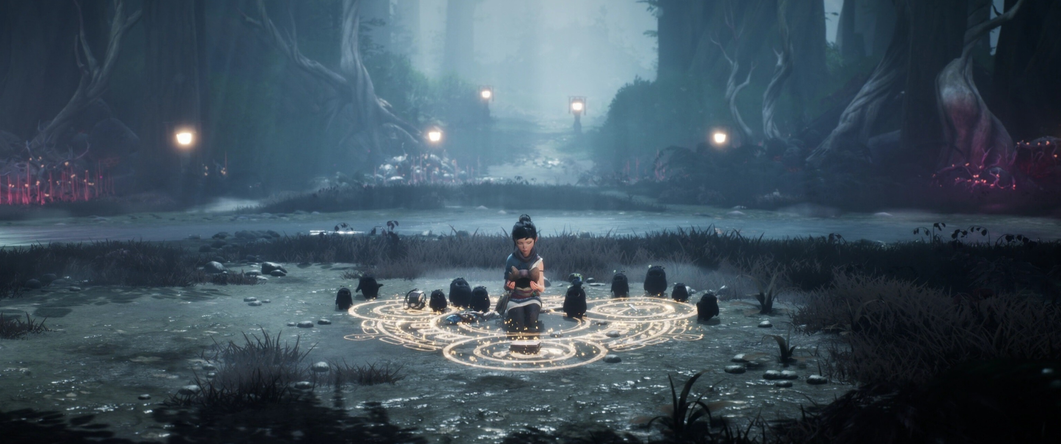 Wallpaper Kena: Bridge, Spirits fantasy games, magic spell, 3440x1440 Dual Screen Desktop