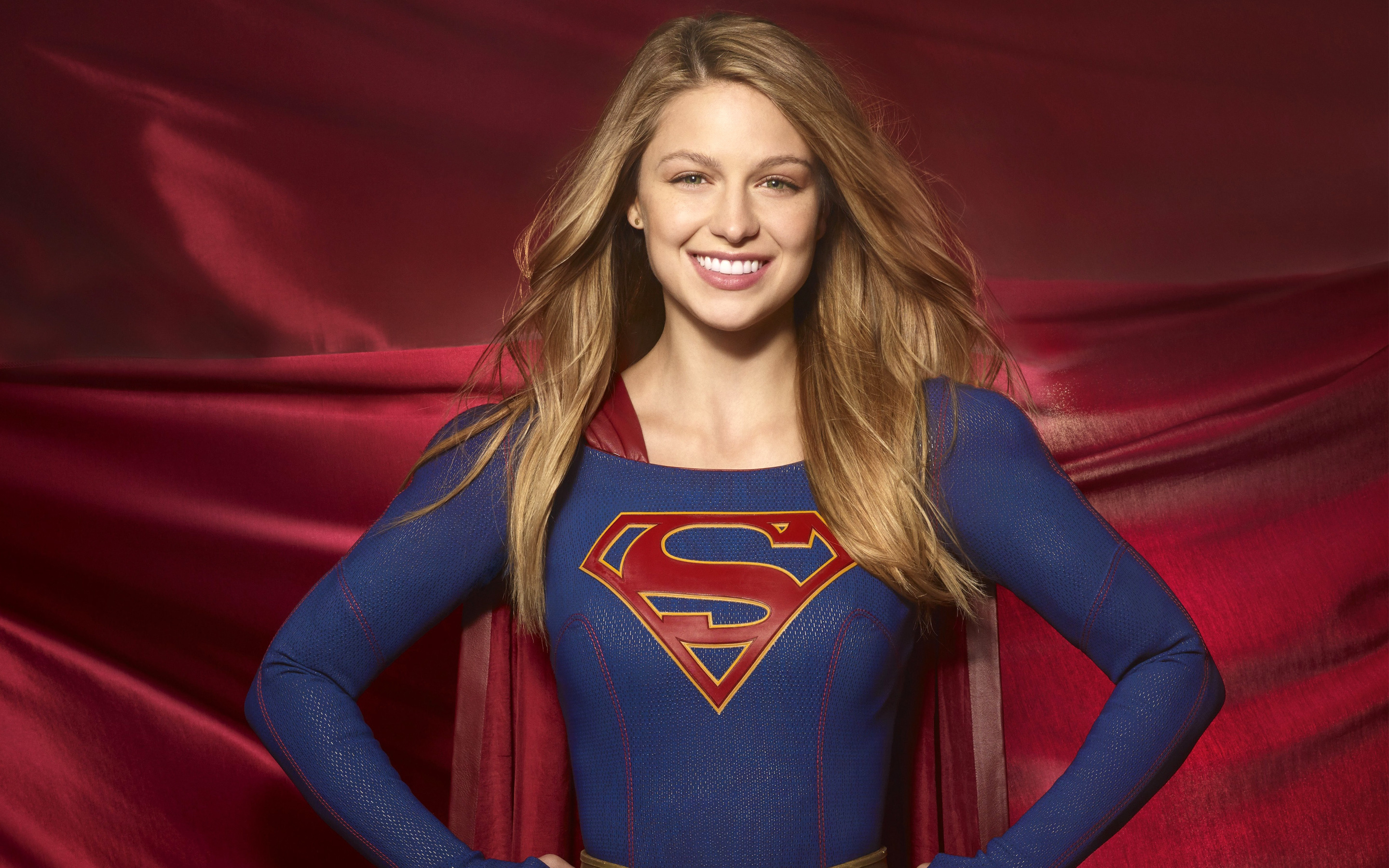 Melissa Benoist as Supergirl, House of El chest emblem, Flowing red cape backdrop, HD Desktop wallpaper