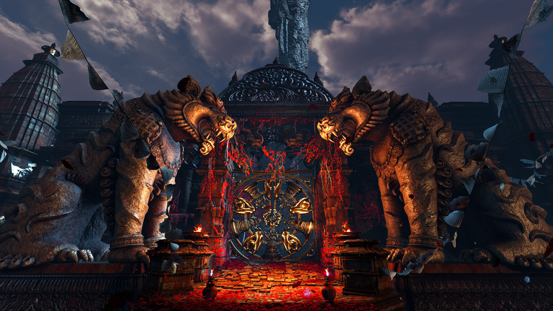 Far Cry 4 Shangri-La, Stone tiger guardian statue, Golden ornate mandala gate, Full HD Desktop wallpaper