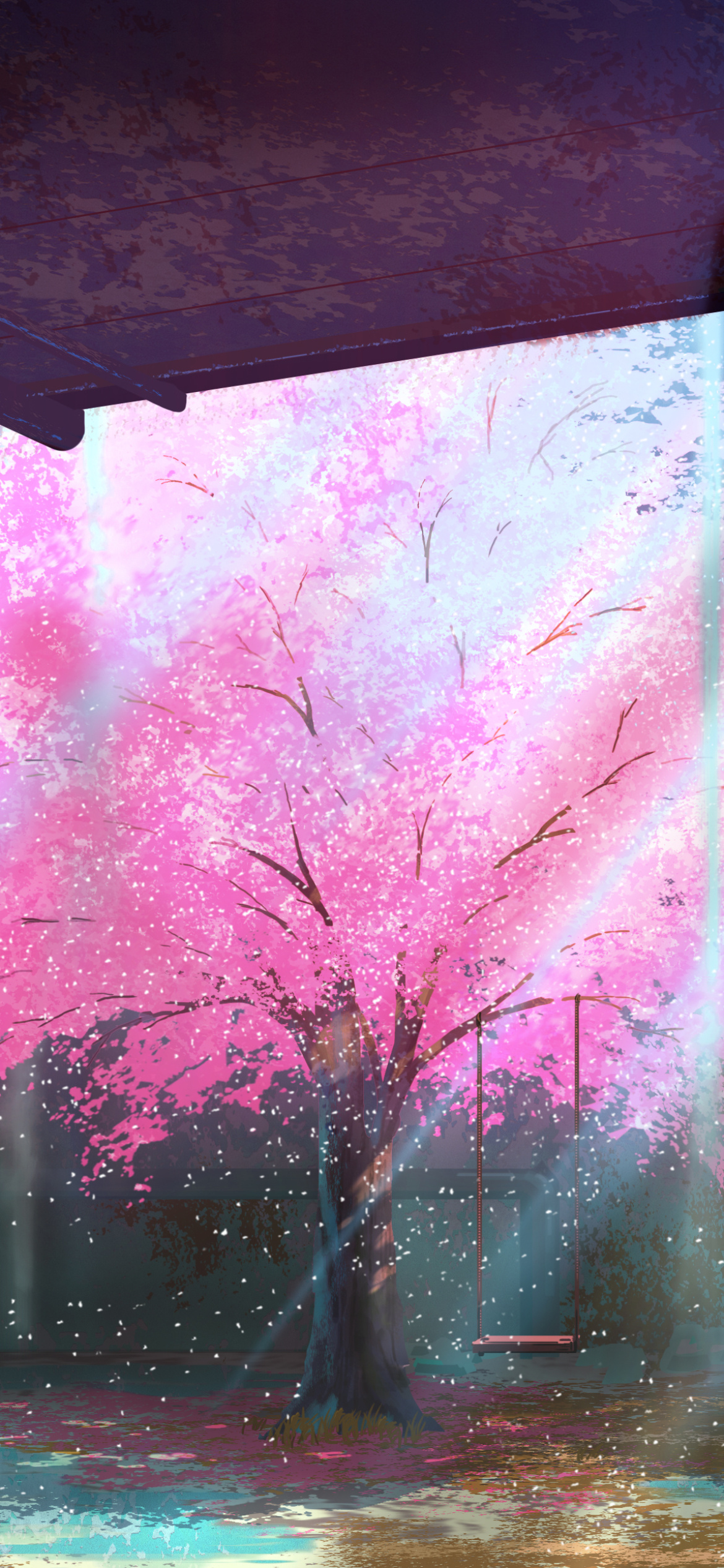 Blooming cherry blossom tree, Wooden tree swing, Falling sakura petals, HD Phone wallpaper