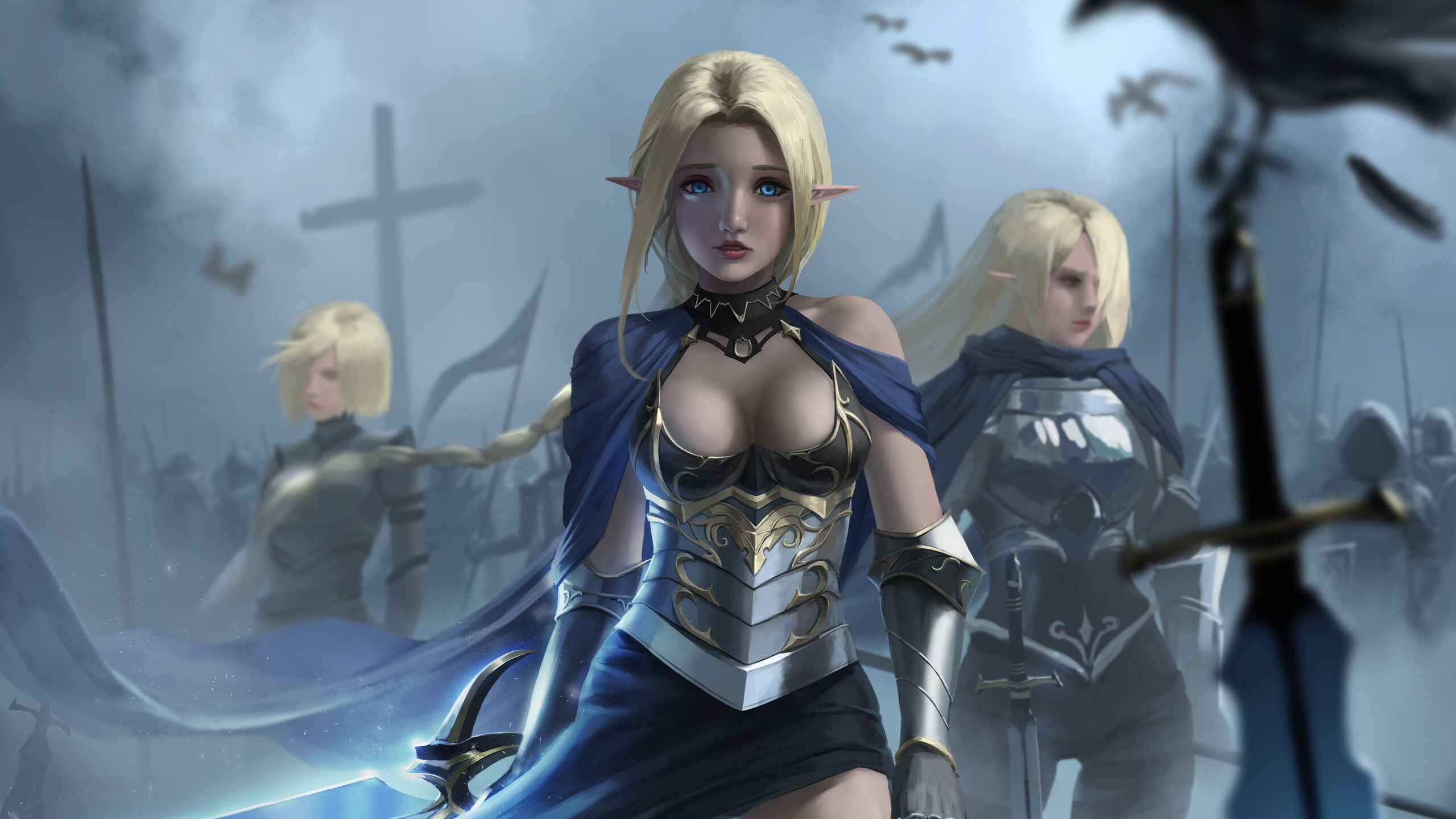 Elf fantasy girl, Long hair, Blue eyes, 2560x1440 HD Desktop