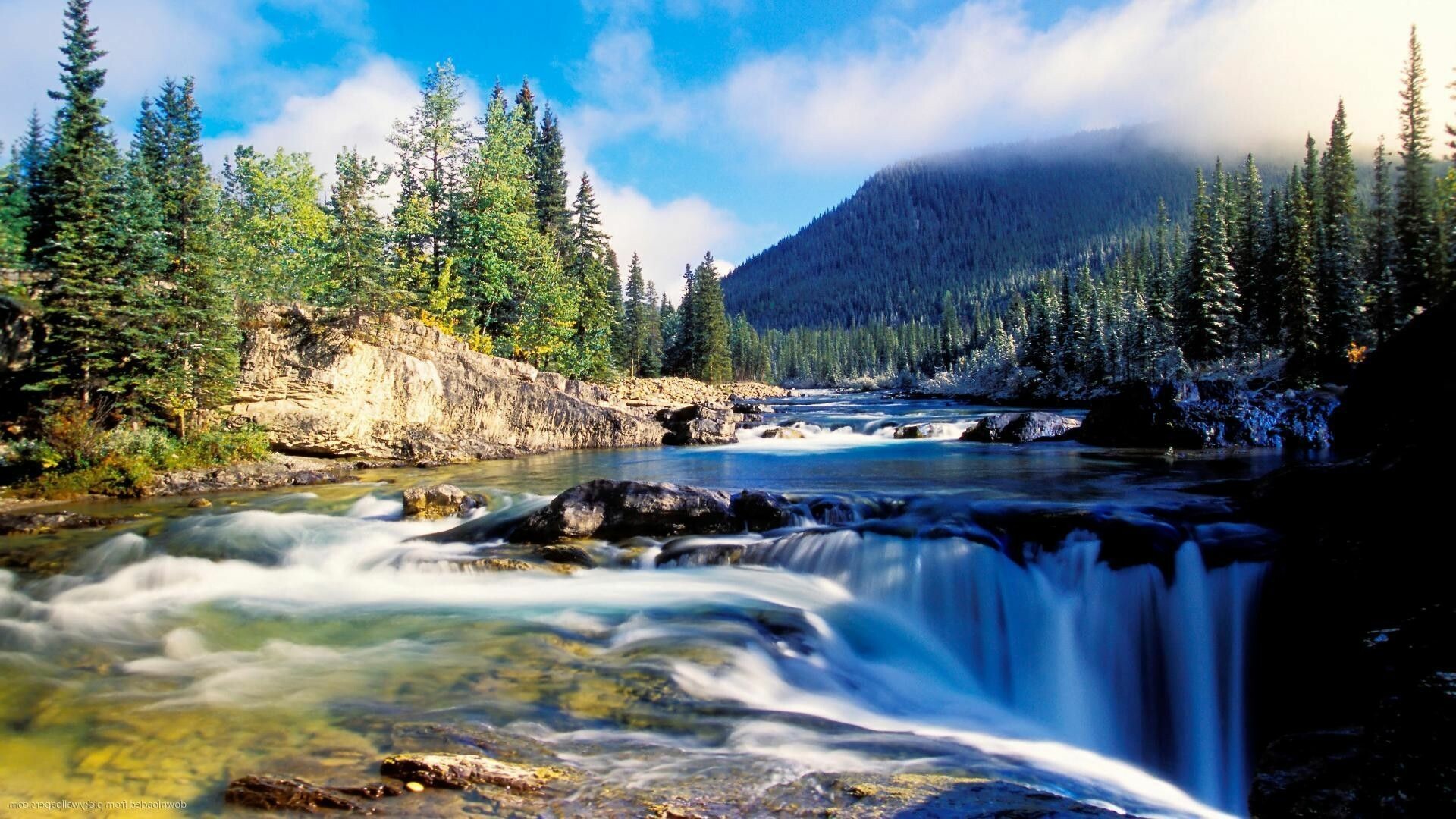Summer mountain waterfall, Top-quality backgrounds, Serene nature, Breathtaking view, 1920x1080 Full HD Desktop