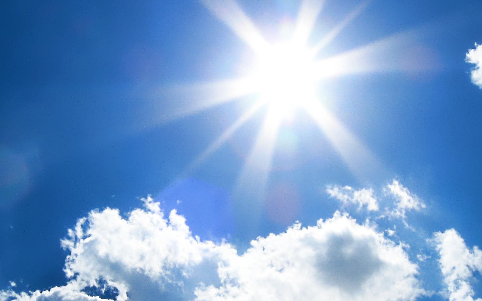 Bright radiating sunburst, White cumulus clouds, Vibrant blue sky, HD Desktop wallpaper