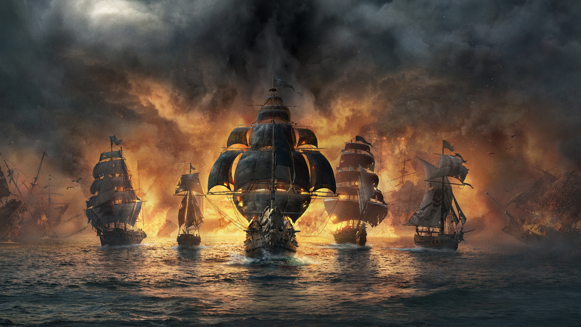 Skull and Bones naval fleet, Burning pirate galleon armada, Fiery sea battle explosion, Full HD Desktop wallpaper