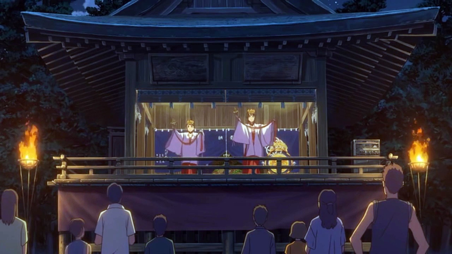 Mitsuha, Yotsuha Miyamizu, Miyamizu Shrine, Kagura dance by torchlight, Itomori night festival, Full HD Desktop wallpaper