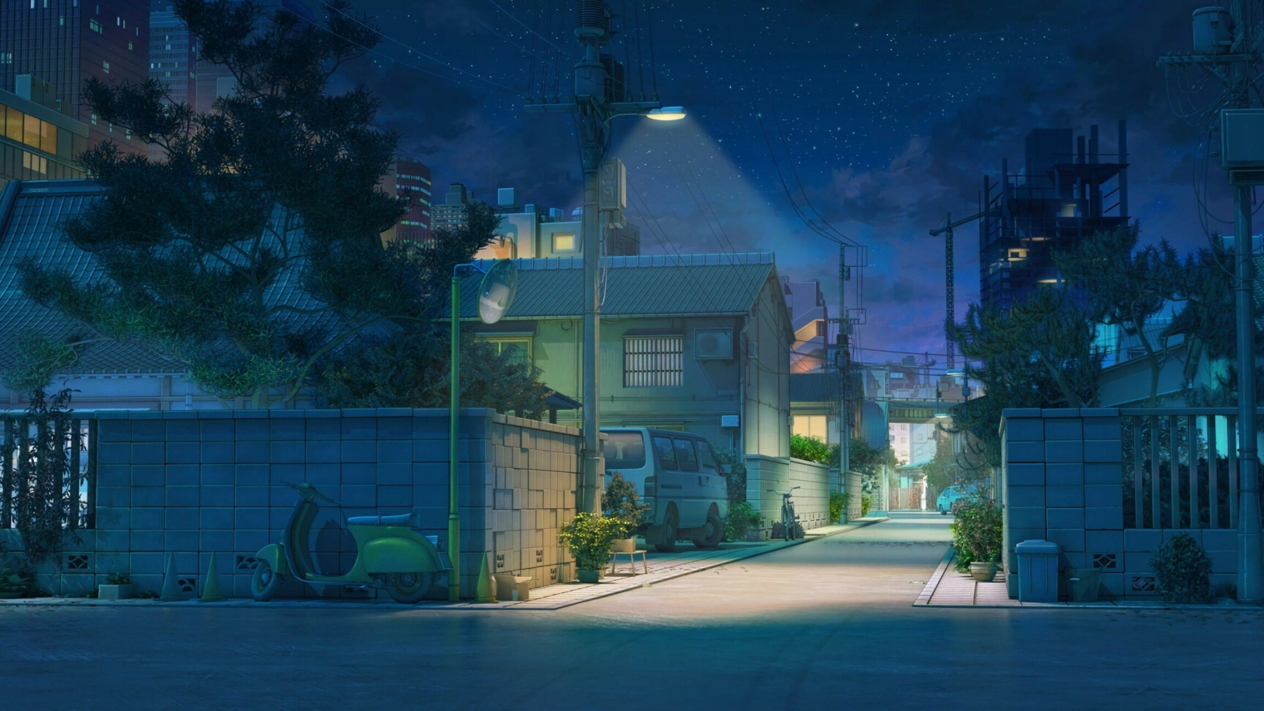 green retro motor scooter, Japanese residential alleyway, illuminated street lamp, HD Desktop wallpaper