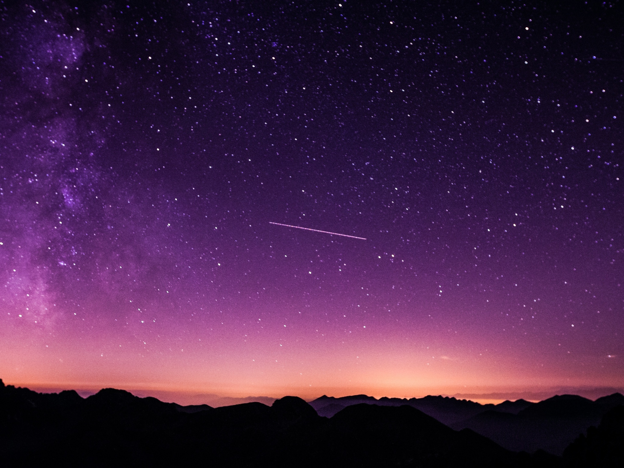 shooting star streak, purple starry sky, mountain range silhouette, HD Desktop wallpaper
