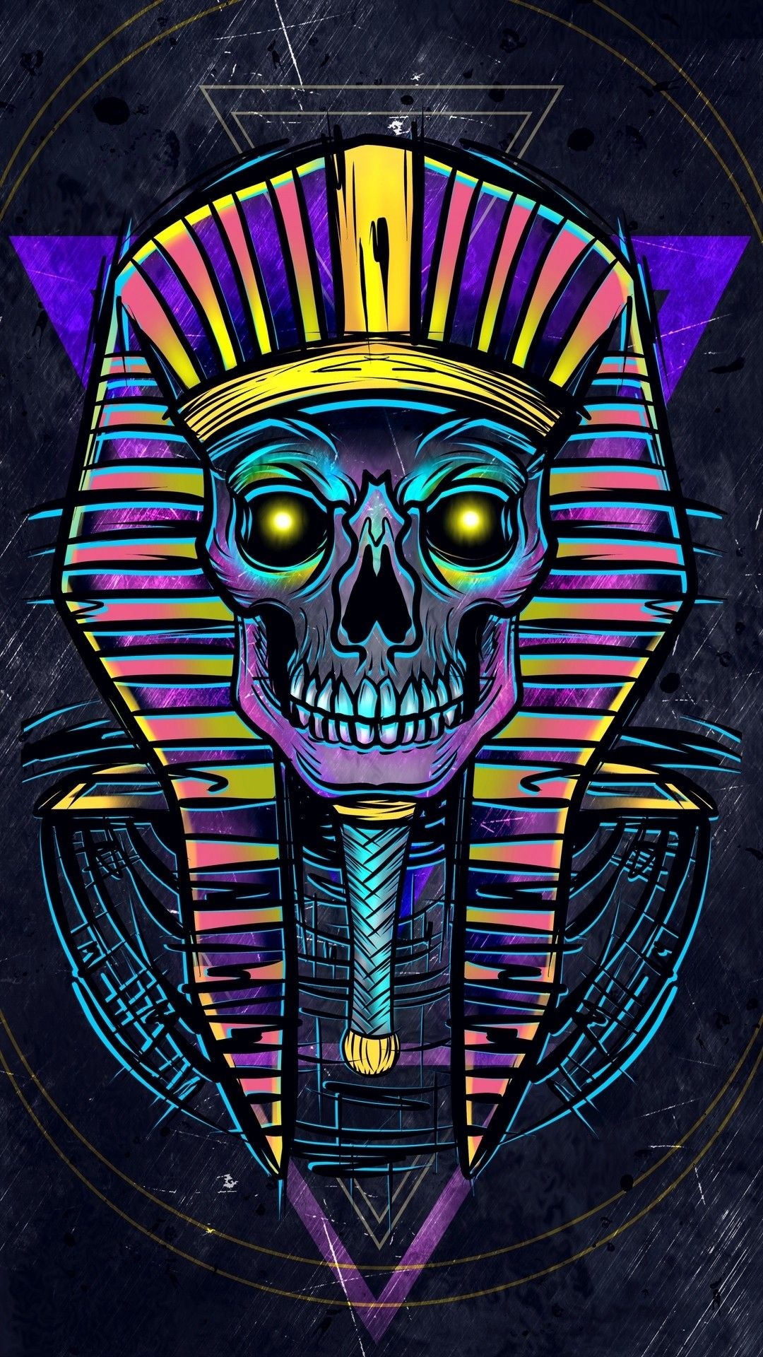 Pharaoh nemes headdress skull, Neon pink cyan stripes, Purple triangle geometry, Full HD Phone wallpaper