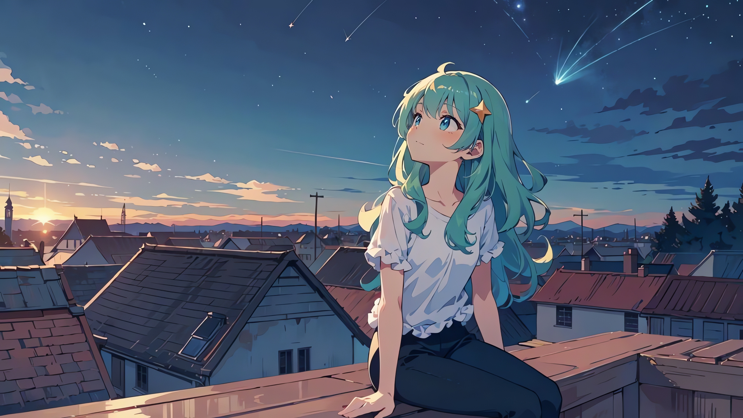 Anime Girl, Shooting Stars, Rooftops at Dusk, HD PC Wallpaper, 2560x1440